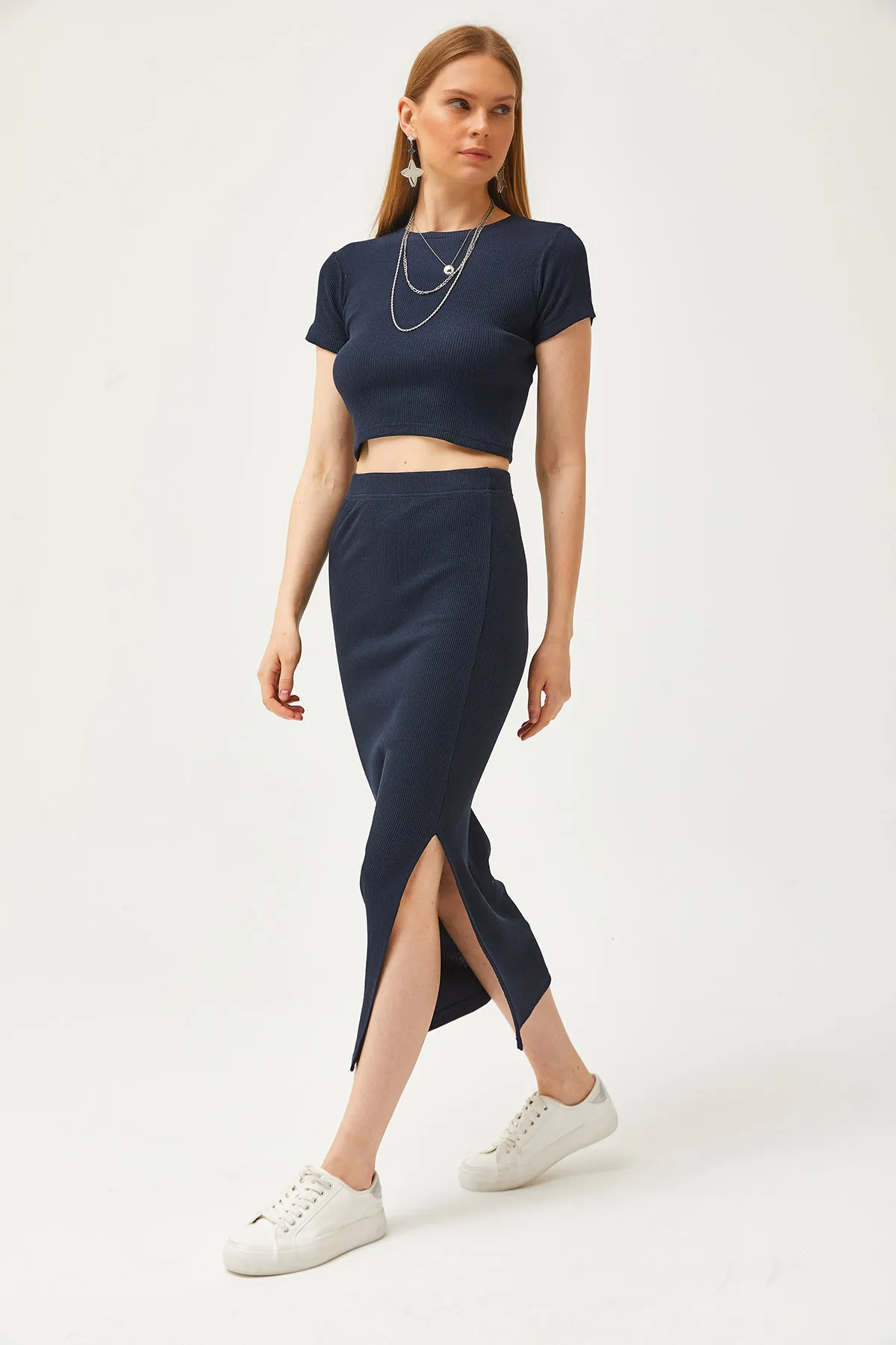 Olalook  Marineblauer Kurzarm-Lycra-Anzug mit Schlitzrock für Damen TKM-19000194