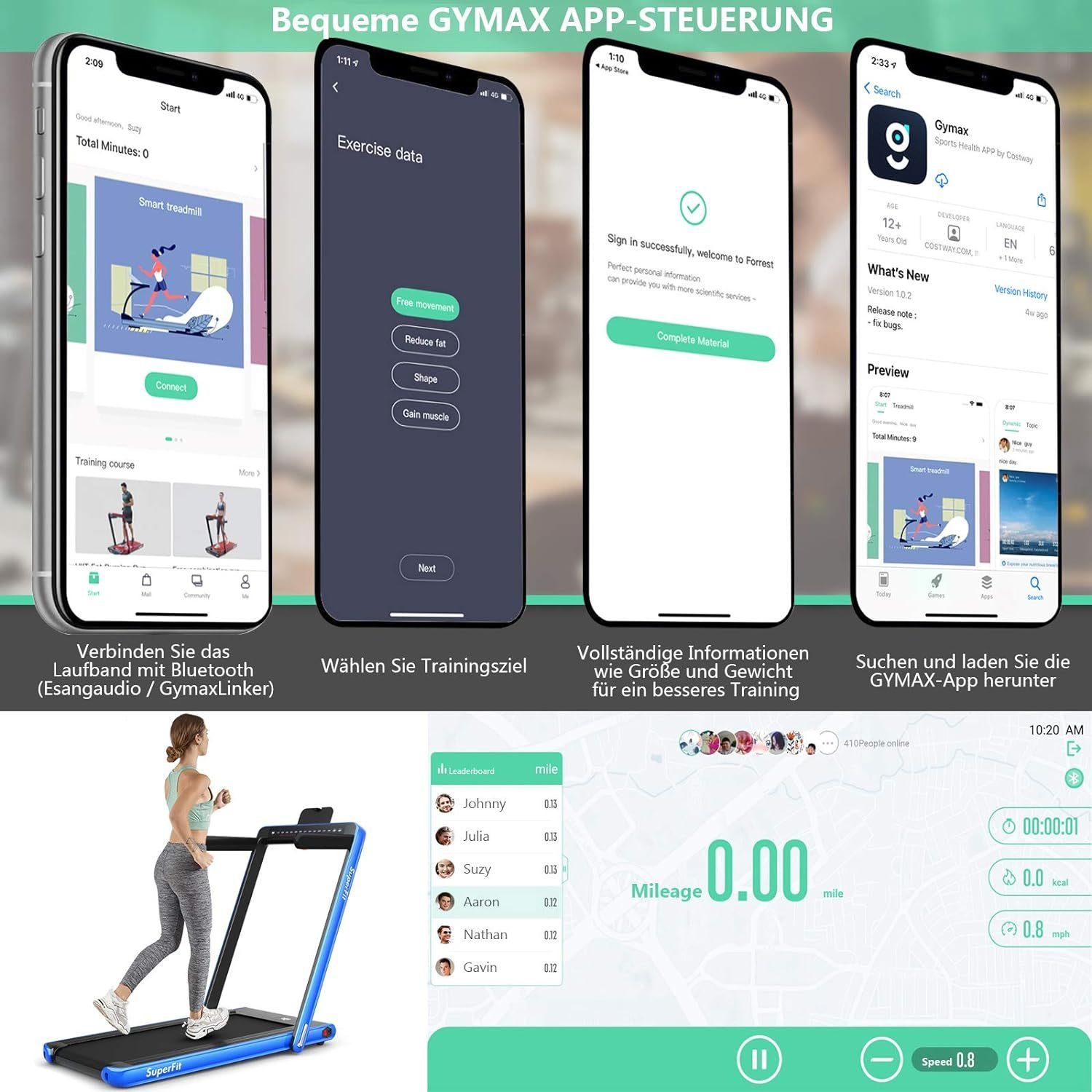 COSTWAY Laufband (2 in 1 Laufband klappbar 2,25HP, Walking Pad unter dem Schreibtisch), mit APP, Bluetooth und Fernbedienung, 1-12 km/h, Laufband für Zuhause