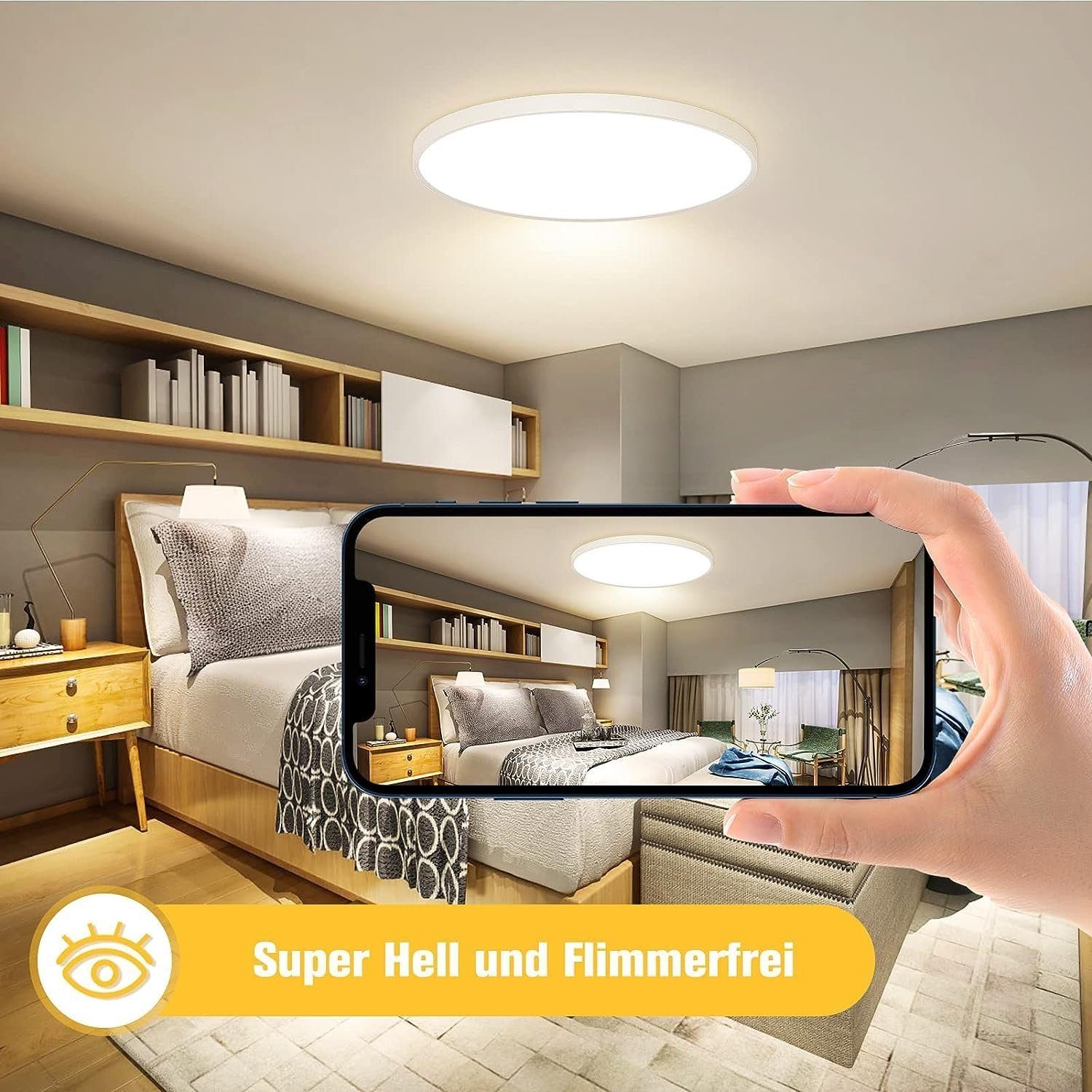 IBETTER Deckenleuchte LED Deckenlampe Flach Rund Ø23cm IP65Badezimmer licht,20W Wohnzimmer, Bad-Leuchte Lampe Flur inkl Leuchtmittel 20W 6500K, weiß, Wohnzimmer-Leuchte Lampe Flur inkl Leuchtmittel, küchenlampe