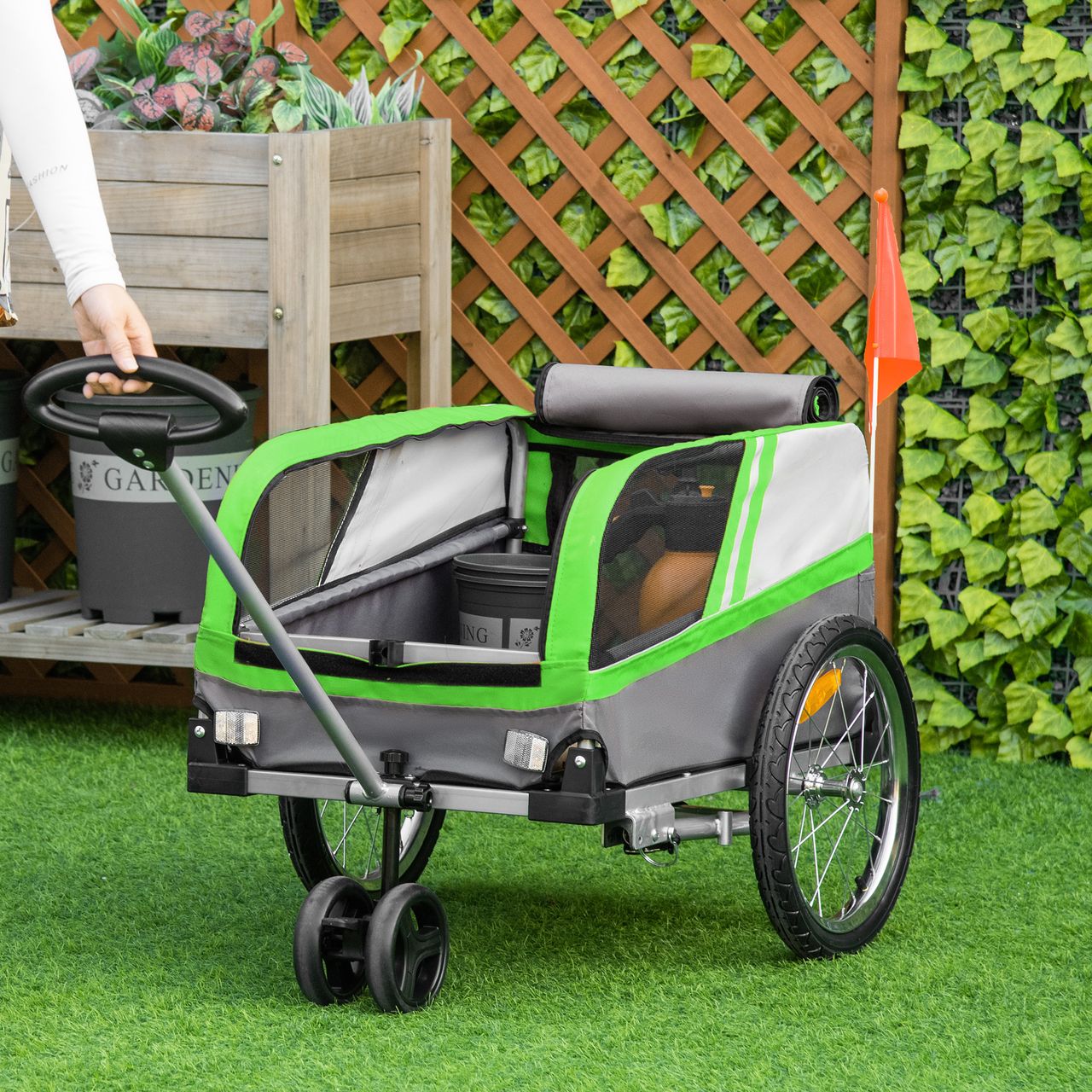 PawHut 2-in-1 Hundeanhänger Trolley für Haustier Lastenanhänger Grün Grau