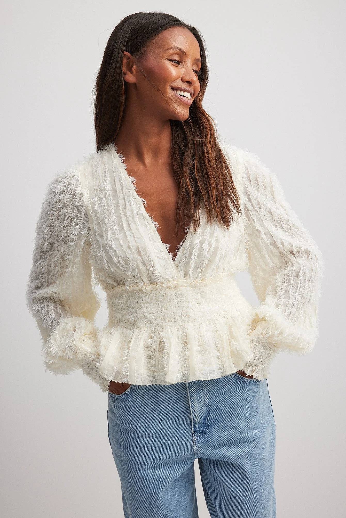 Recycelte gesmockte LS-Bluse mit Fransen