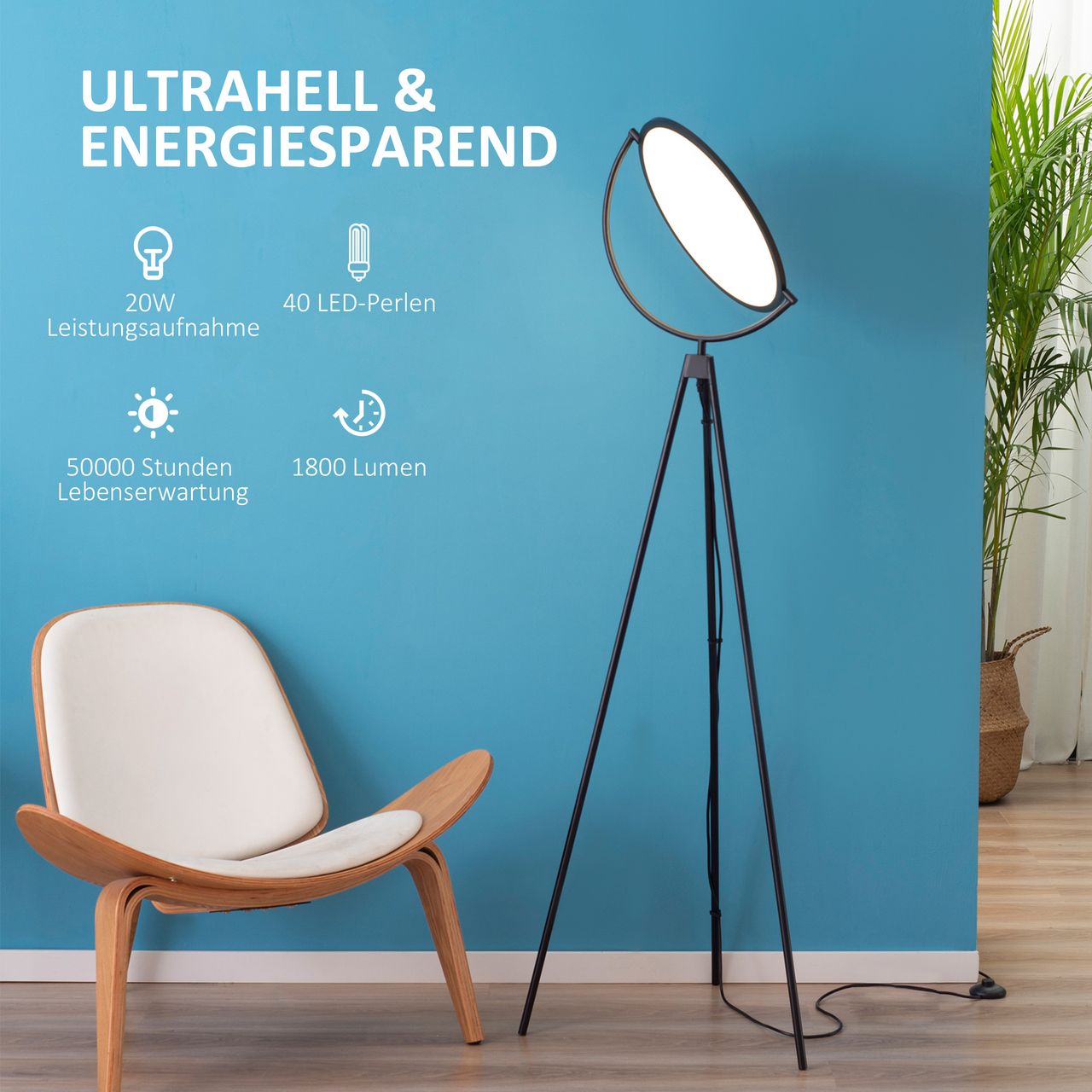HOMCOM Stehlampe Standlampe mit LED um 350 Grad verstellbar Schwarz