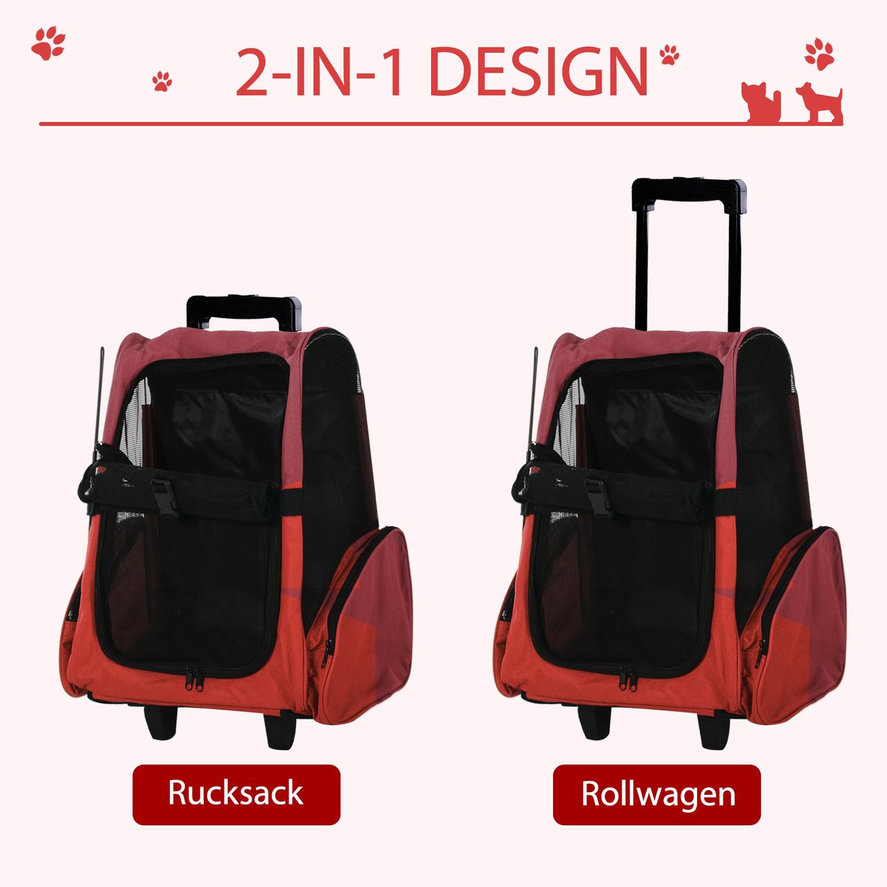 PawHut Hundetrolley Transporttasche Tragetasche 2-in-1 Haustierrucksack Rot