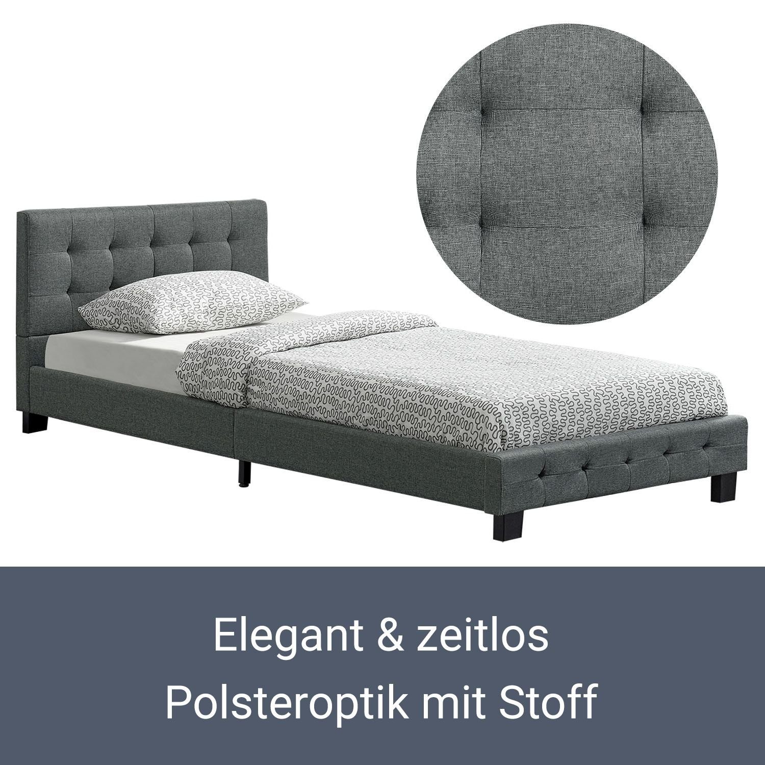 Juskys Polsterbett Manresa, 90x200 cm, weiche Rückenlehne, inkl. Lattenrost und Matratze
