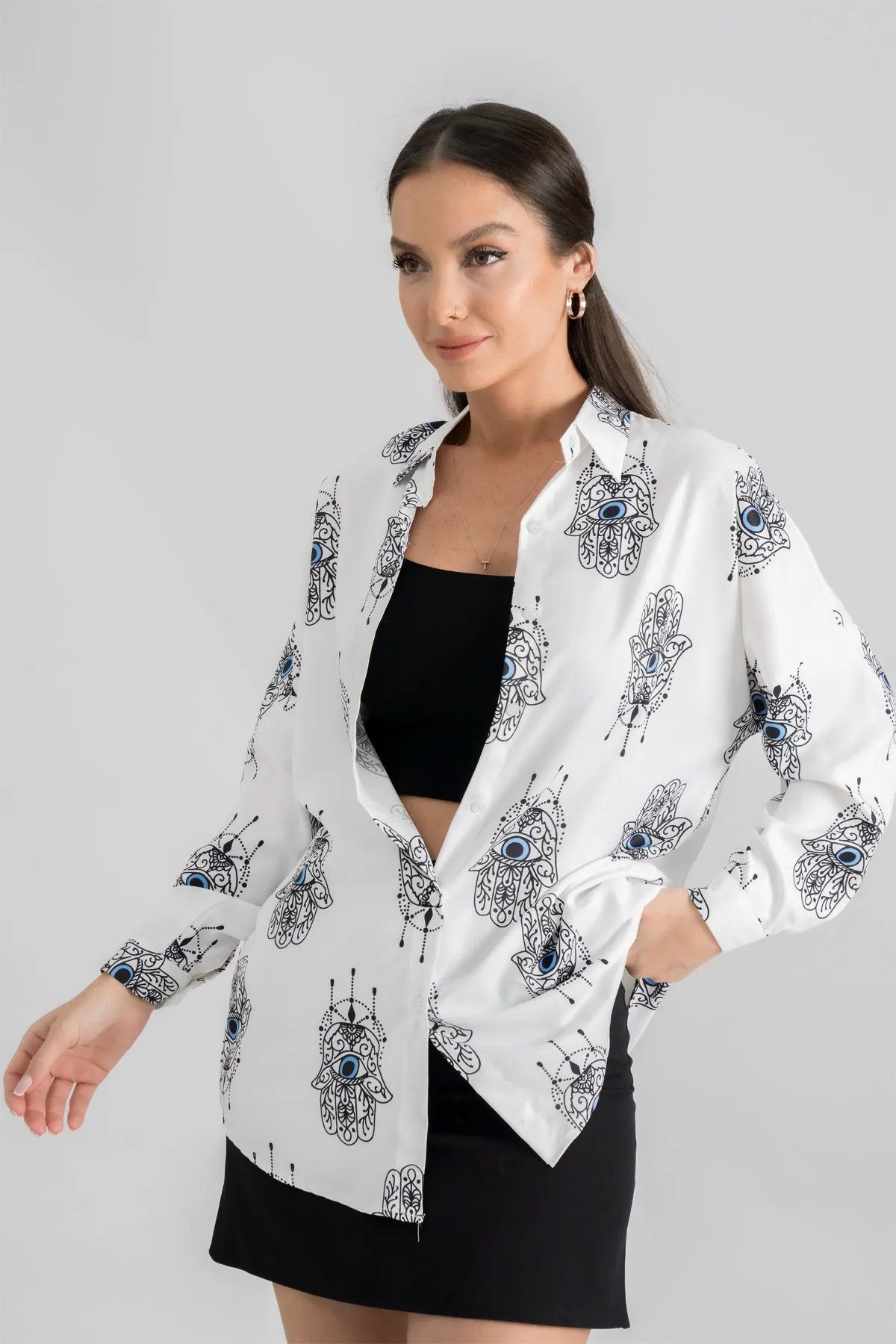 armonika  Hellblaues gemustertes Oversize Long Basic Shirt für Damen ARM-22Y001148