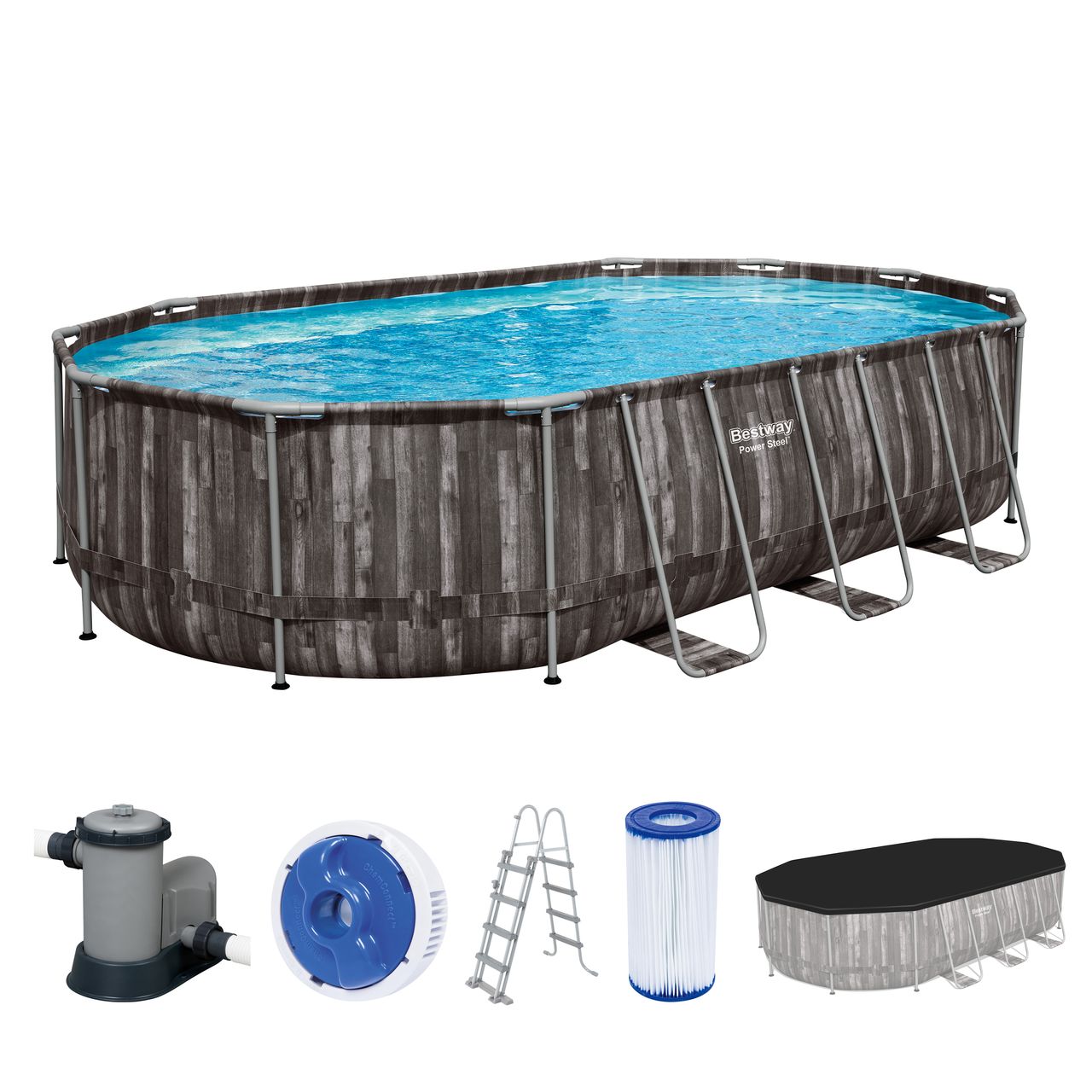Bestway Power Steel™ Frame Pool Komplett-Set mit Filterpumpe, Holz-Optik (Mooreiche), oval 610 x 366 x 122 cm