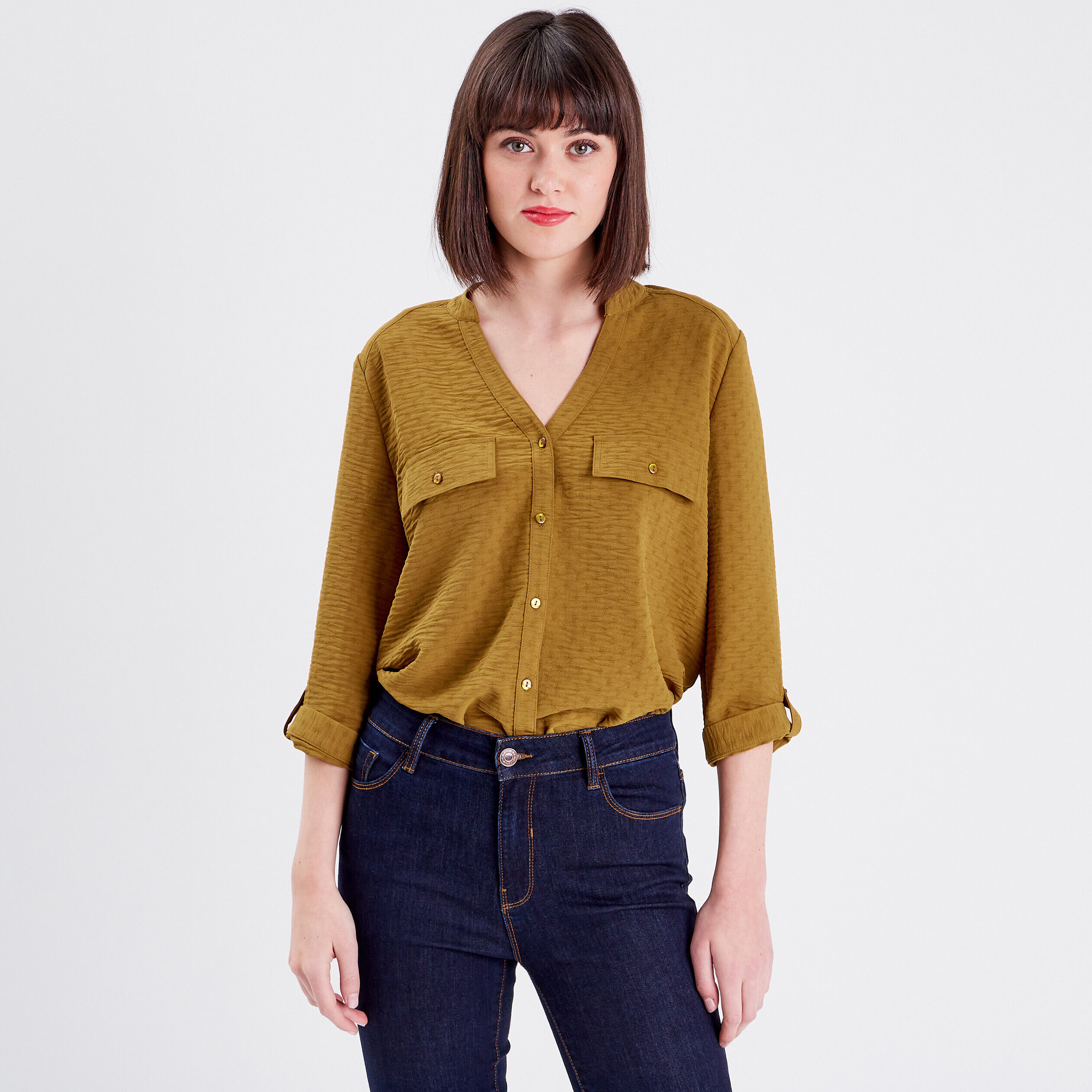 Chemise manches 3/4 vert olive femme | Cache Cache