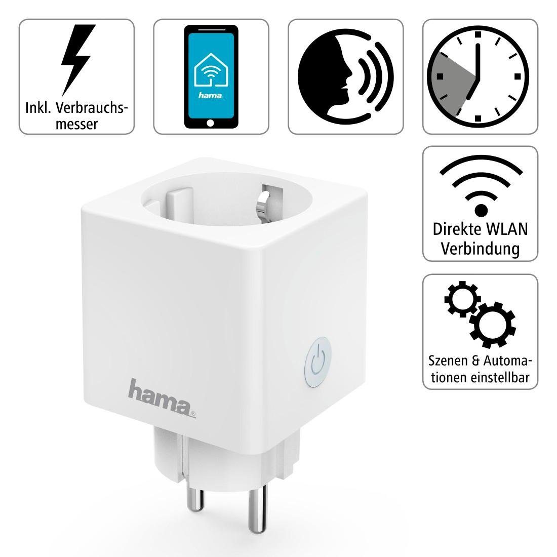 Hama WLAN-Steckdose WLAN Steckdose Mini Verbrauchsmesser o.Hub App-Sprachsteuerung 3.680W, max. 3680 W, Mit erhöhtem Berührungsschutz, Verbrauchsmesser