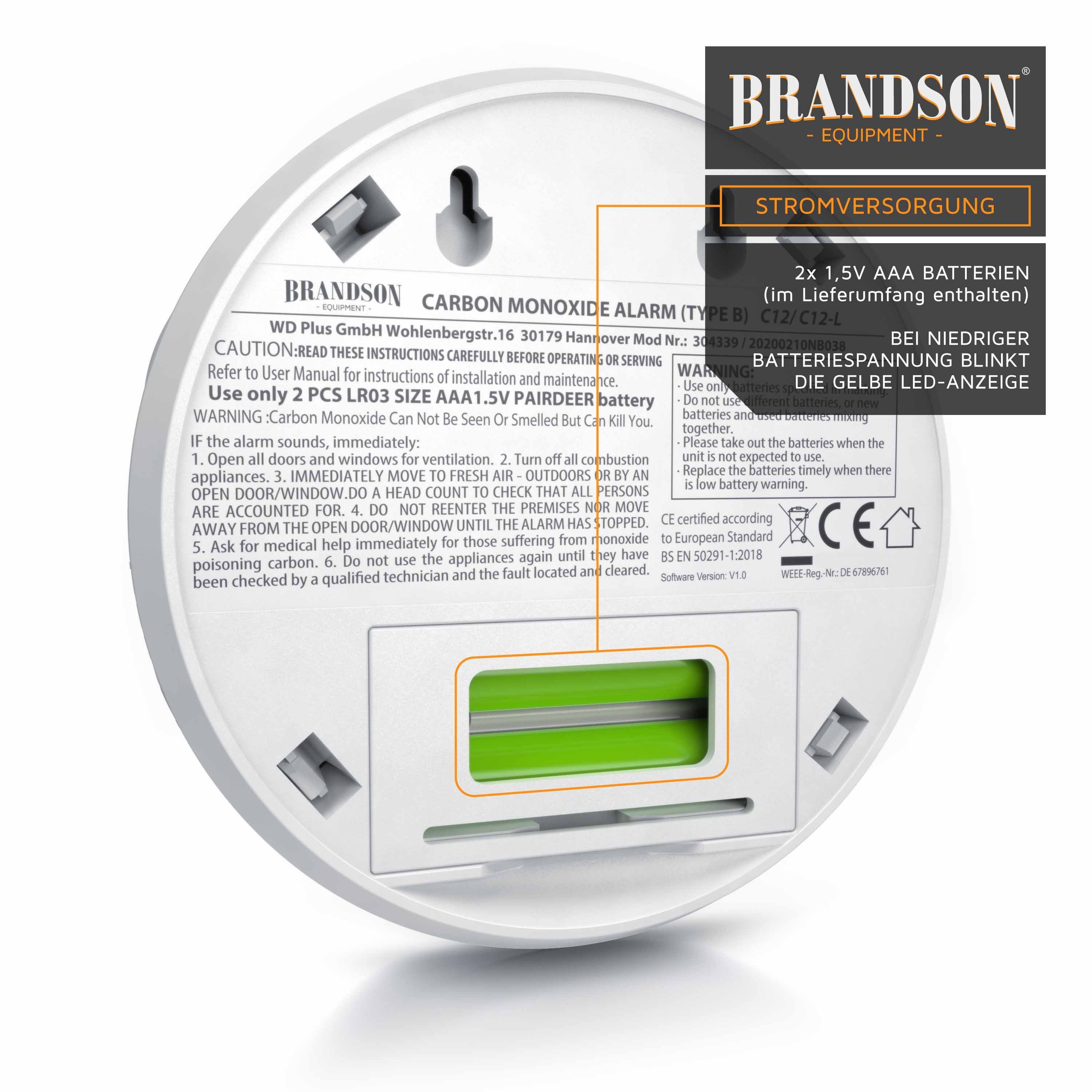 Brandson CO-Melder (Kohlenmonoxid Melder mit LCD Display, CO Alarm, 7-10 Jahre Batterie)