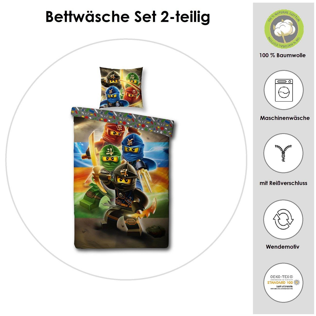 Kinderbettwäsche Lego Ninjago 135x200 + 80x80cm mit Reißverschluss aus 100% Baumwolle, Familando, Renforcé, 2 teilig, Motiv 