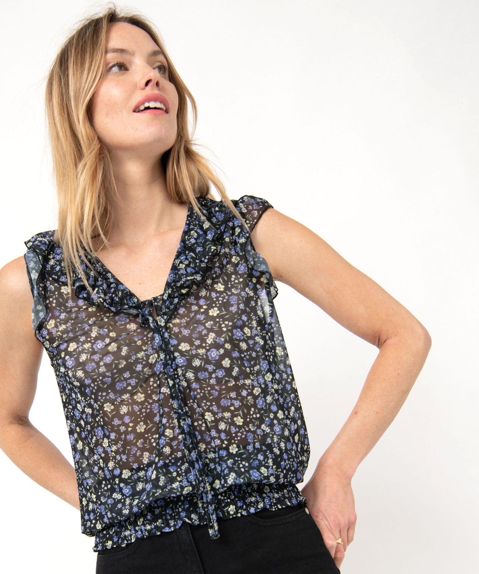 Tee-shirt sans manches en voile fleuri femme imprime | GEMO