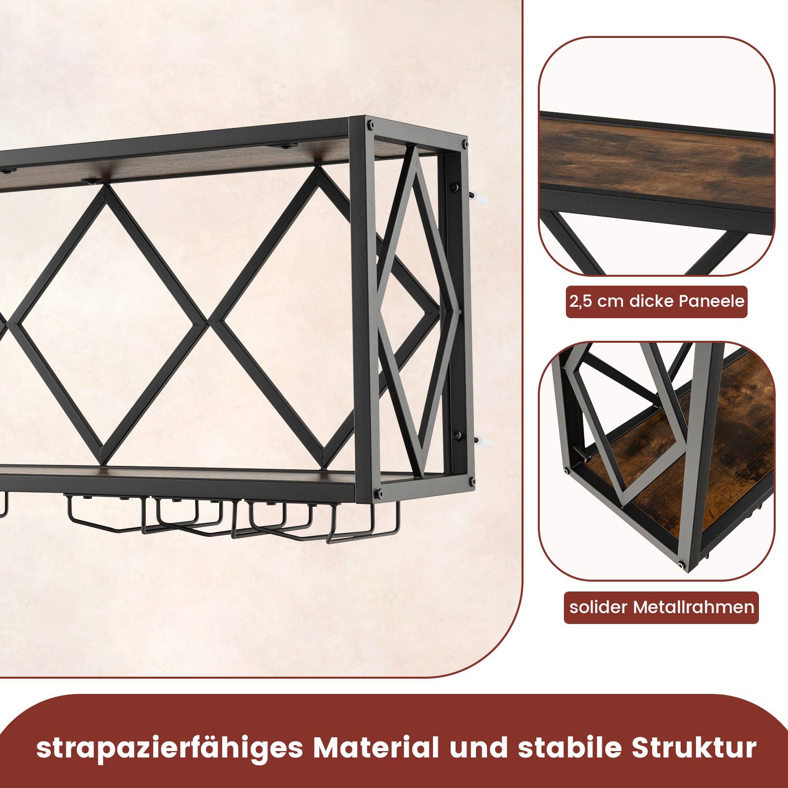COSTWAY Weinregal, Wand, 2 Ebenen, Metall, 39 Flaschen&12 Gläser, 100x25x45cm