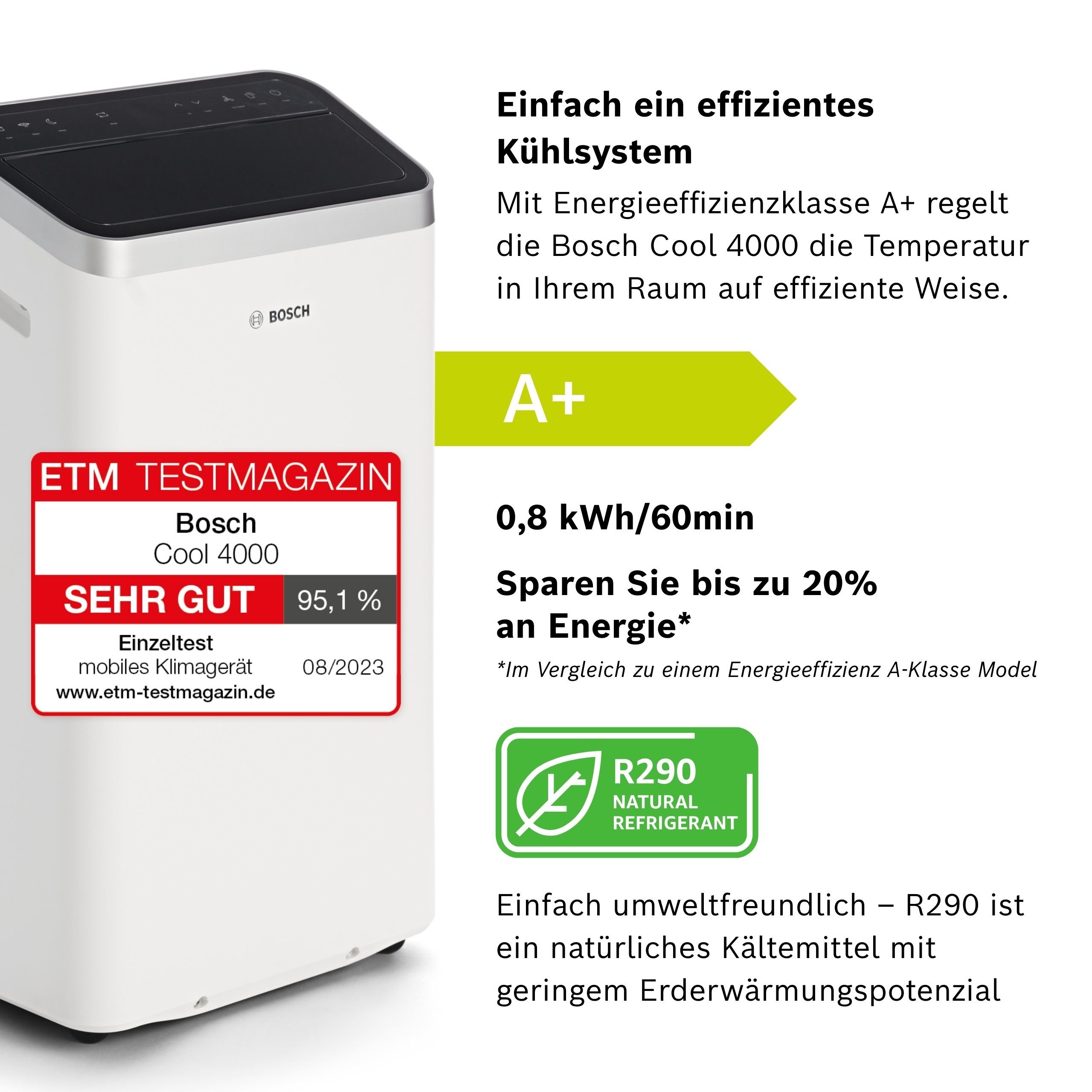BOSCH 3-in-1-Klimagerät Cool 4000, Mobile Klimaanlage, Luftentfeuchter, Ventilator - für Räume bis 35m²