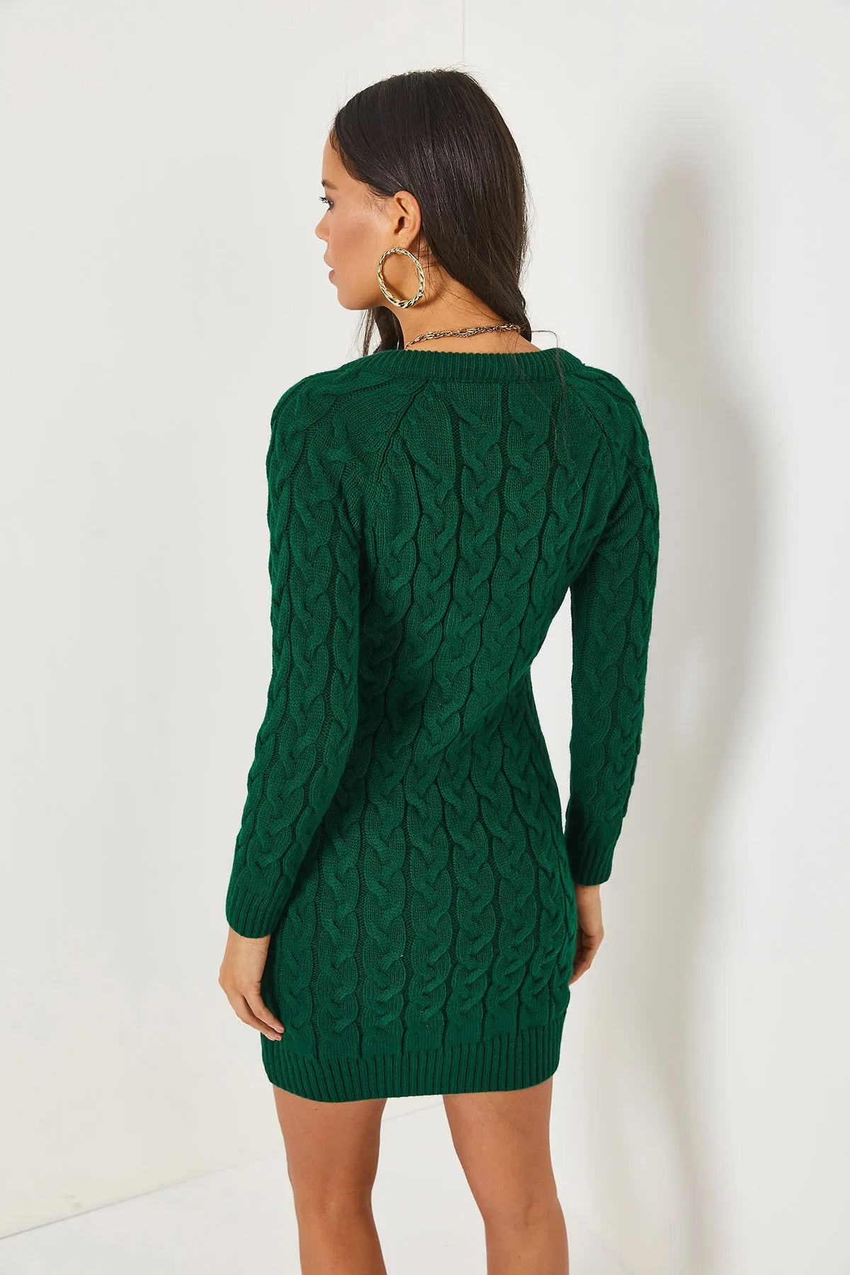 Olalook  Smaragdgrünes geflochtenes Strickkleid mit Reißverschluss ELB-19001362