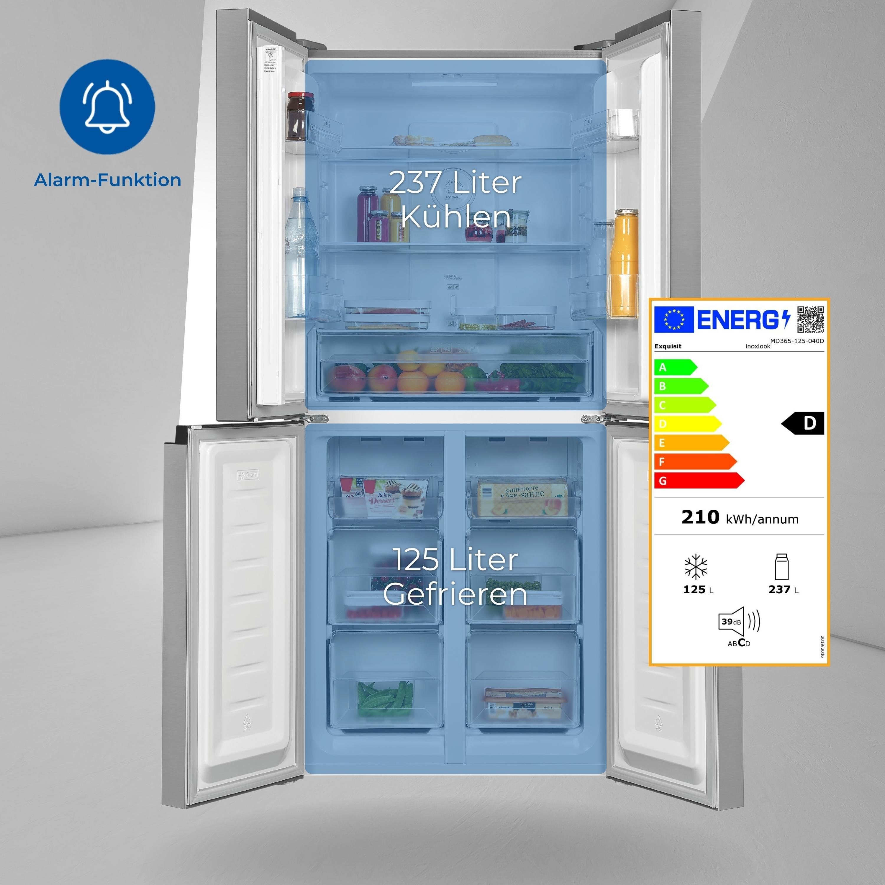 exquisit Side-by-Side MD365-125-040D, 180 cm hoch, 79 cm breit, NoFrost, Inverter Kompressor, Touch-Bedienung