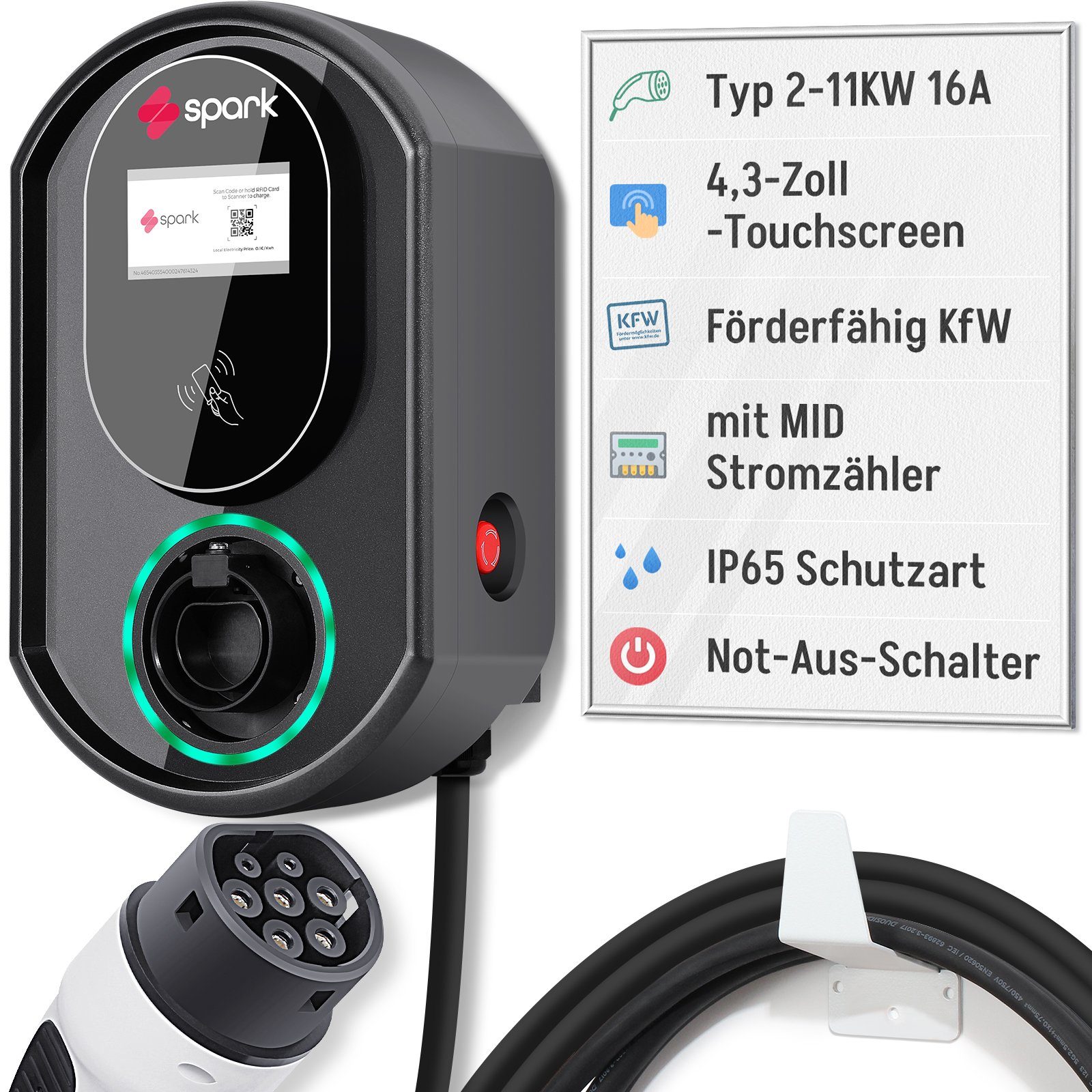 Spark stationäre Elektroauto-Ladestation (KfW) 11KW Wallbox - 5M Kabel -RFID-MID-FI-Schutz-Touchscreen-4G-WIFI, 11,00kW / 16A, 3-phasig, IP65, für Innen- und Außenbereich (Garage, Carport)
