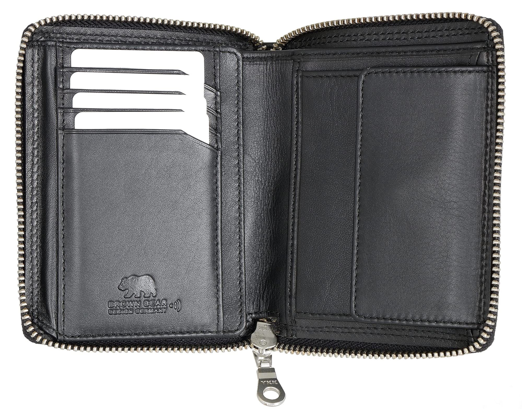 Brown Bear Geldbörse Classic 8009 umlaufender Reißverschluss Unisex Echtleder, 8 Kartenfächer Sichtfach RFID Schutz Farbe Schwarz Nappa
