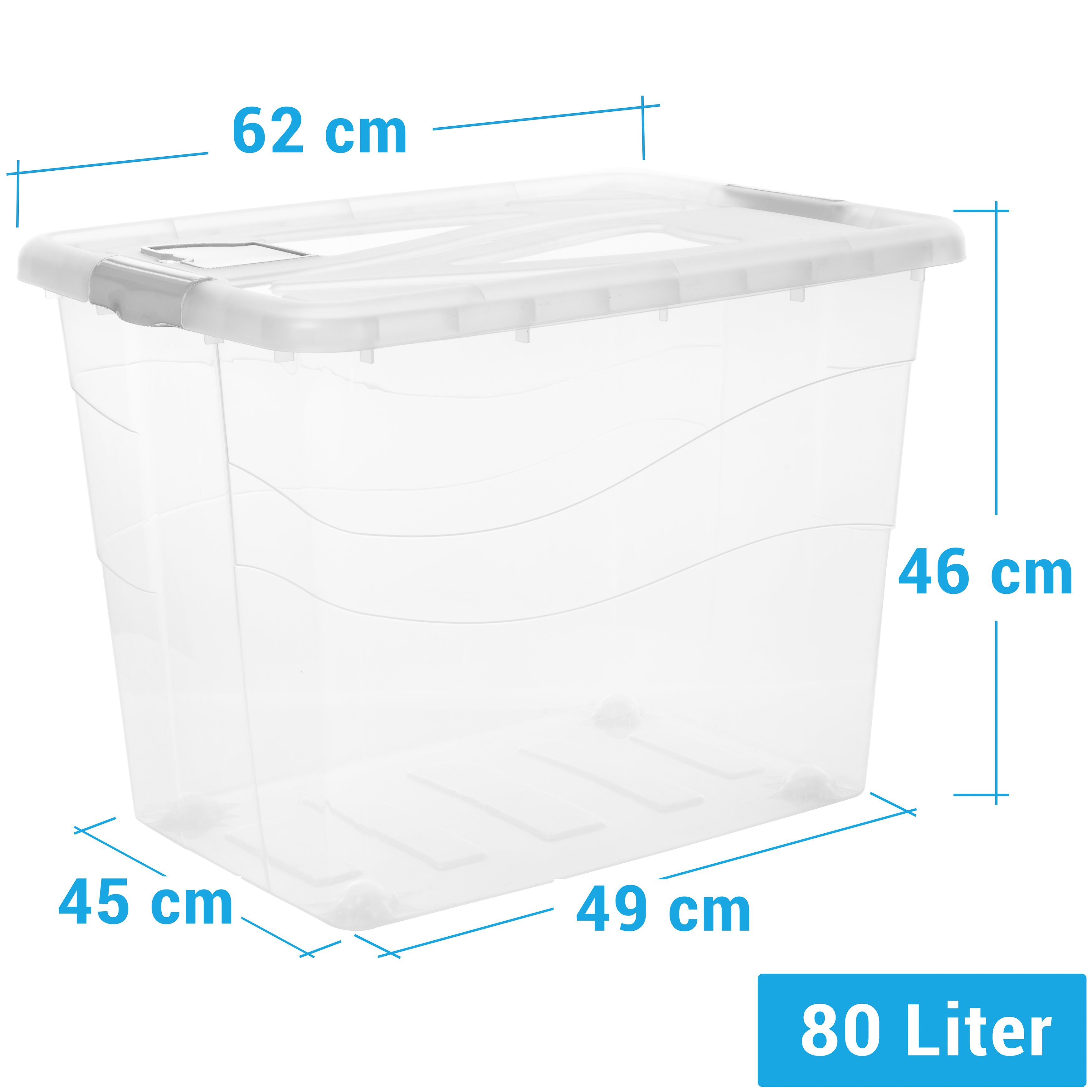 Centi Allzweckkiste Aufbewahrungsbox, Boxen Aufbewahrung, Kisten Aufbewahrung Groß (Set, 3 St., 80 Liter, H45 cm x L54 cm x B40 cm), Groß XXL 80L Deckel, Rollen, Clip-Griffen und Lüftungsklappe