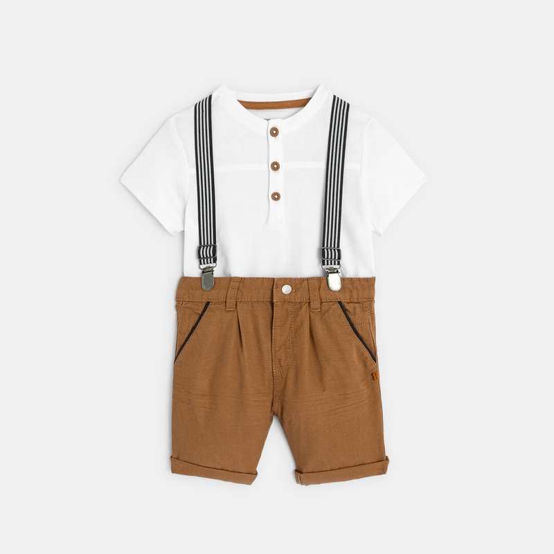 Bermuda à bretelles et t-shirt maille piquée marron bébé garçon