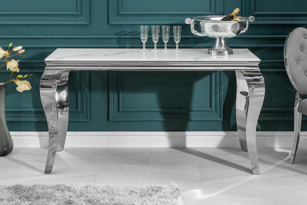 riess-ambiente Konsolentisch MODERN BAROCK 145cm grau / weiß, Glastisch · Marmor-Optik · Edelstahl-Beine