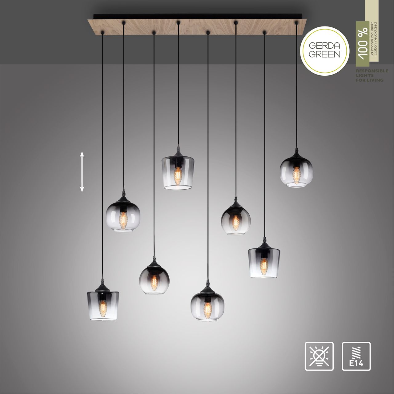 JUST LIGHT Pendelleuchte GREEN ZEA, 8x E14/25 Watt max., rauchfarbene Gläser, Holz-natur