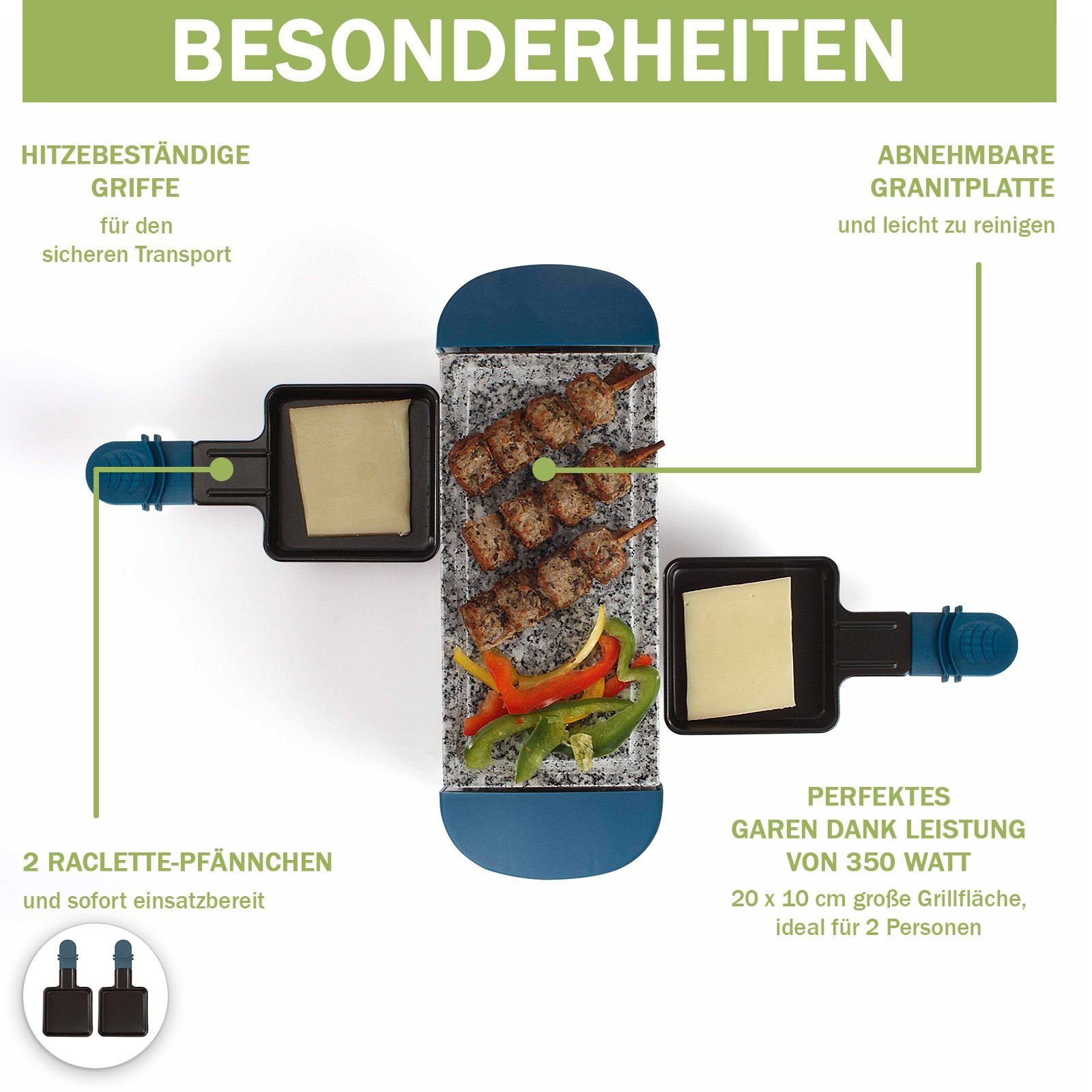 bmf-versand Raclette Raclette 2 Personen Tischgrill Elektrogrill Heißer Stein, 2 Raclettepfännchen, 350,00 W, Inklusive 2 Pfännchen, Ein-/Ausschalter, Naturgrillstein