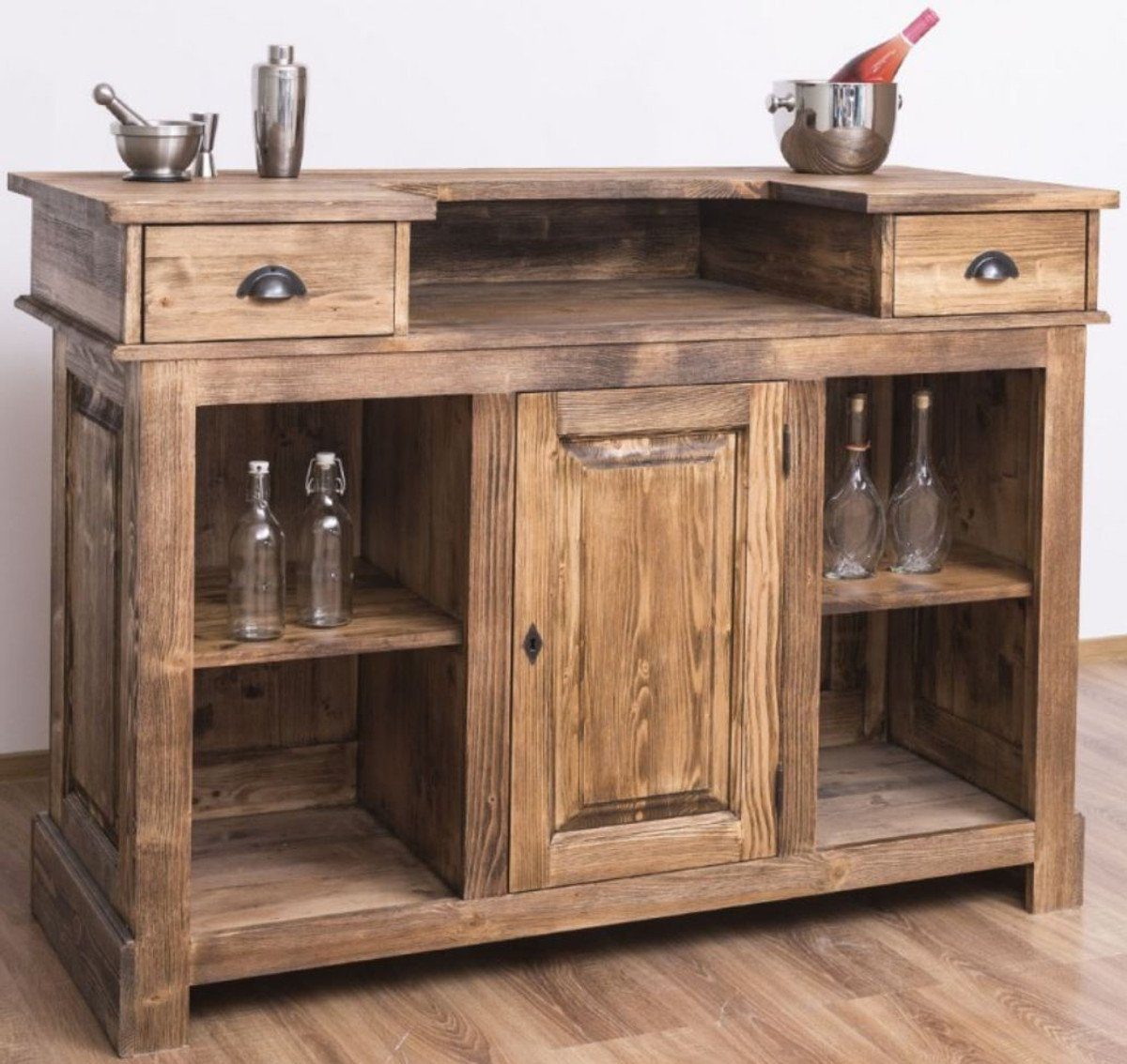 Casa Padrino Barschrank Landhausstil Theke Braun 150 x 65 x H. 107 cm - Massivholz Thekentisch mit Tür und 2 Schubladen - Barmöbel im Landhausstil