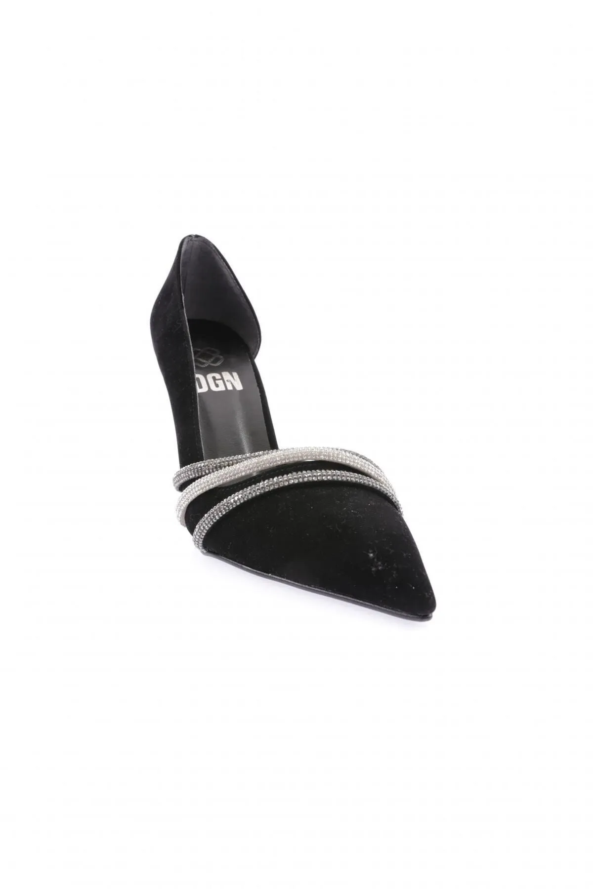 DGN  Ysf-07-23y Silberne, schwarze Abendschuhe mit Steinbesatz - Samt