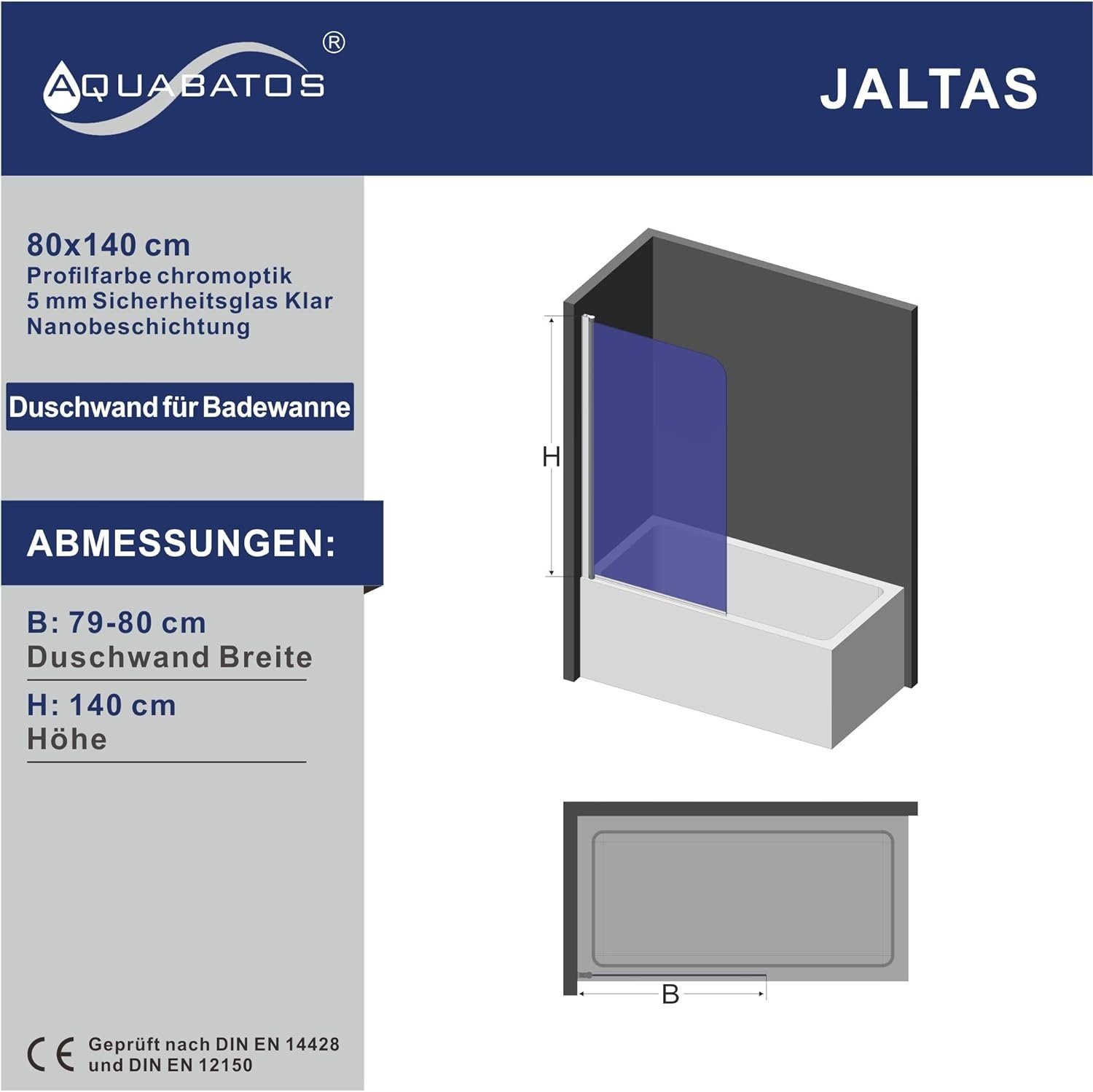 AQUABATOS Badewannenaufsatz Duschwand Duschtrennwand Duschabtrennung für Badewanne 80x140 cm, 5 mm ESG Einscheiben Sicherheitsglas, mit Nano Beschichtung Hebe-senk-Funktion