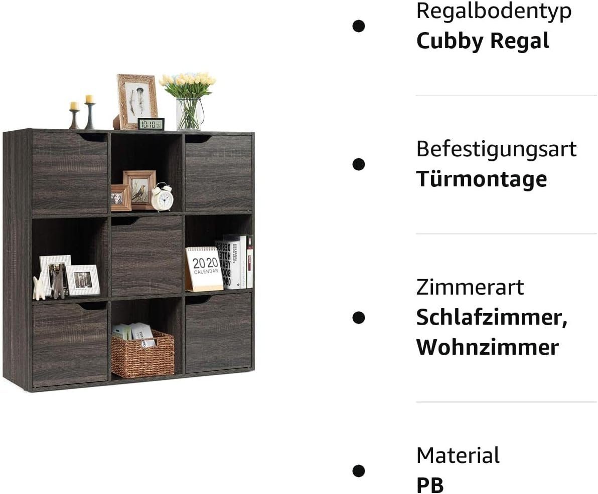 KOMFOTTEU Bücherregal Würfelregal mit 9 Fächern & 5 Türen, 90x29x90cm, grau