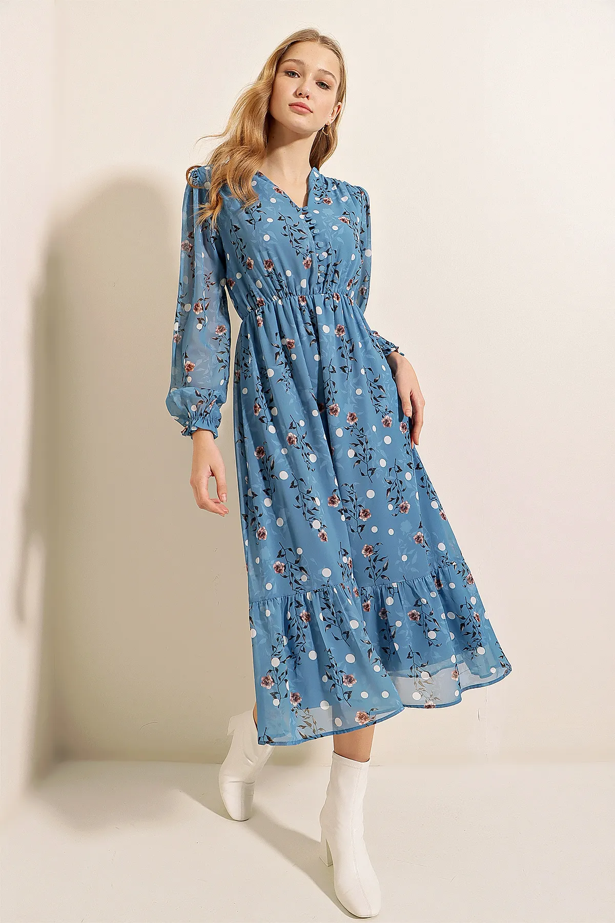 Bigdart  2137 Gemustertes Chiffonkleid – Blau