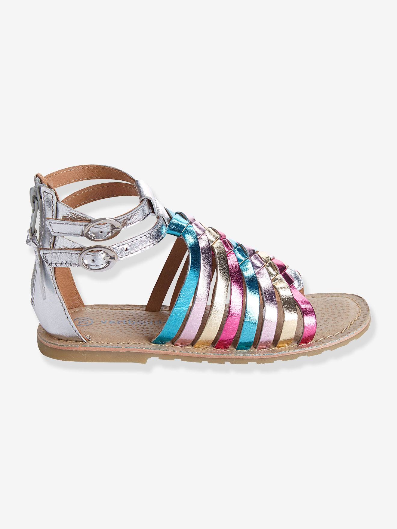 Sandales fille en cuir argent/multicolore