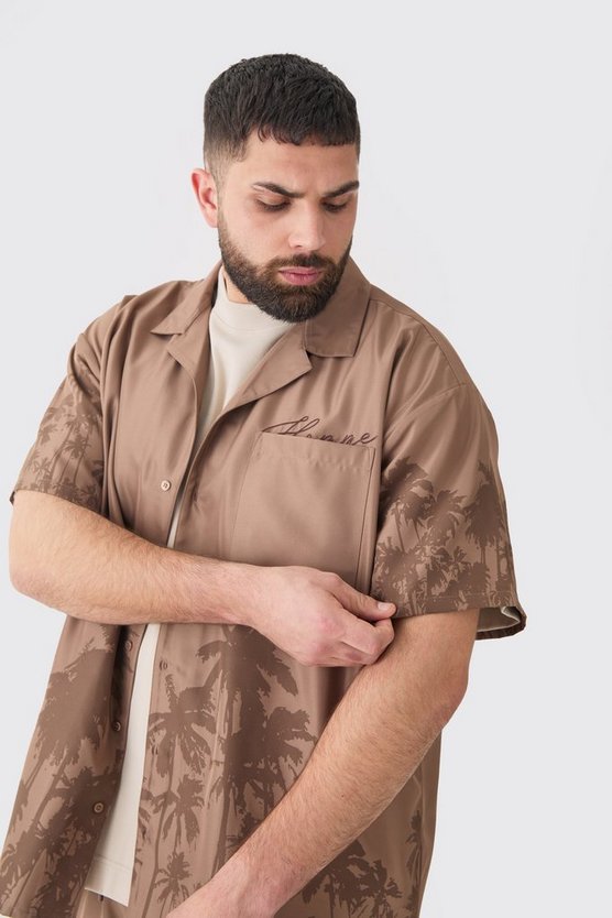 Plus kastiges Oversize Hemd mit Palmen-Saum & Shorts