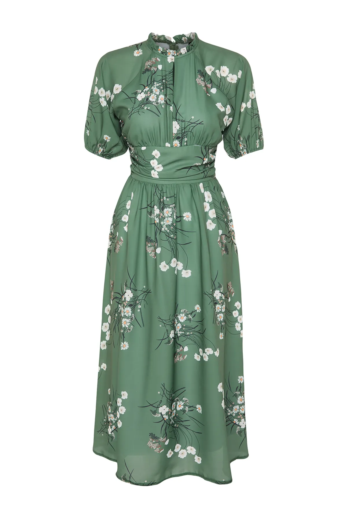 Trendyol Modest  Grünes langes Blumenkleid mit Ballonärmeln TCTSS24EB00008