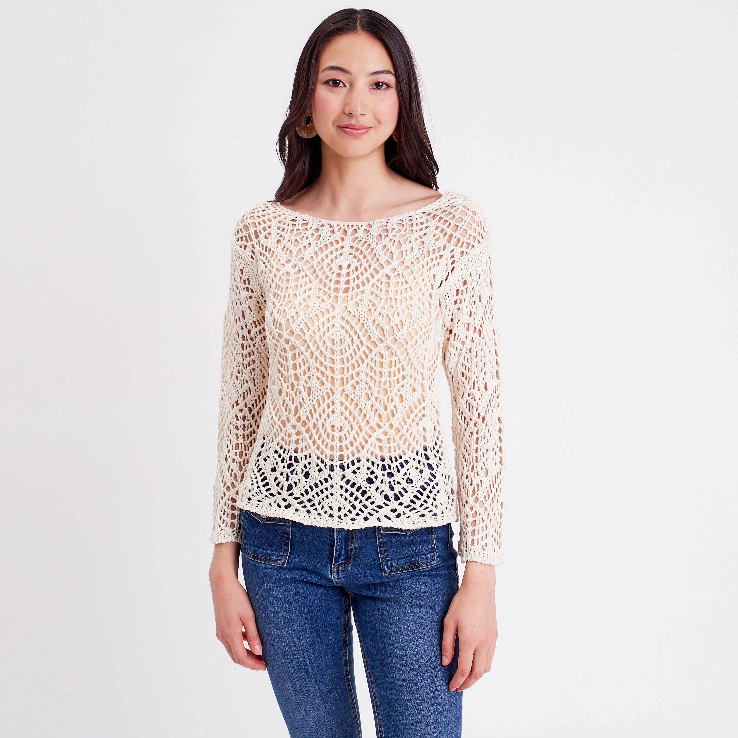 Pull crochet manches longues ivoire femme | Cache Cache