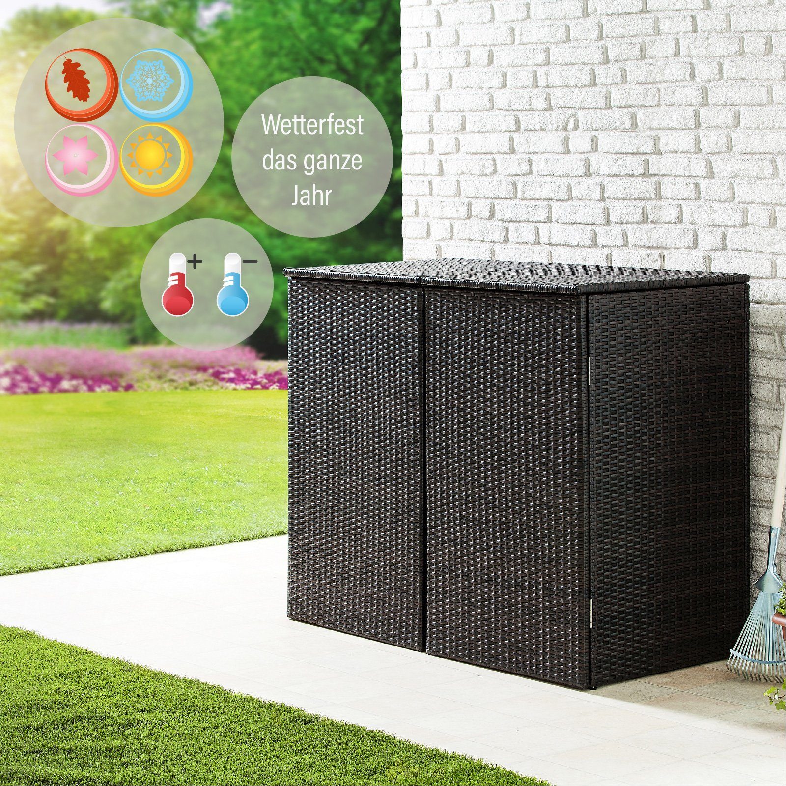 Green Yard Mülltonnenbox Mülltonnenabdeckung 2 Mülltonnen 111 x 65 x 104 cm Rattan-Optik (1 Stück, Mit Magnetverschluss), Deckel und Vorderseite zum Öffnen