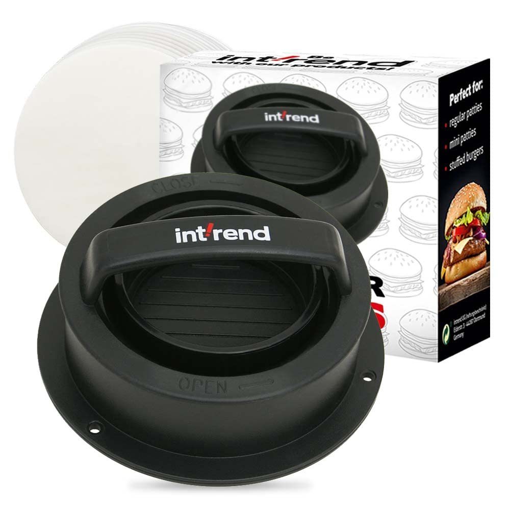 int!rend Burgerpresse Burgerpresse mit 3 Funktionen und 60 Backpapieren, Metall, Burgerpresse 3-in-1 mit 60 Backpapieren