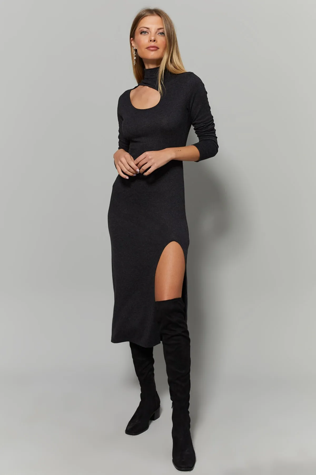 Cool & Sexy  Anthrazitfarbenes Damenkleid mit Kragen und Fensterschlitz Yİ1984