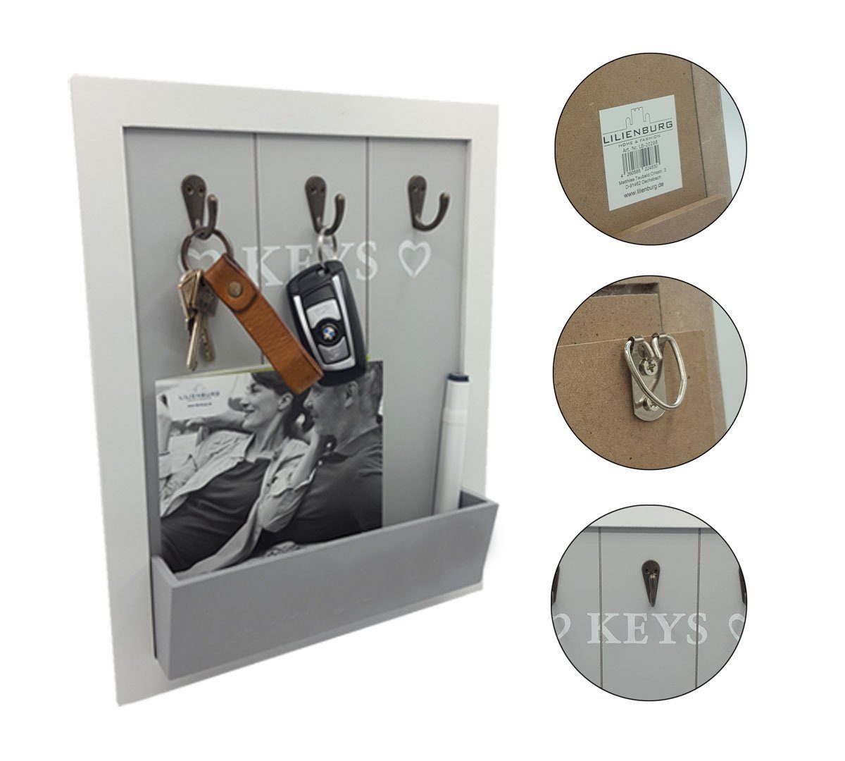 LB H&F Lilienburg Schlüsselbrett Schlüsselbrett Keys Holz mit Briefablage Briefhalter Handyhalter, (grau weiß Holz Vintage Schlüsselschrank und 3 Schlüsselhaken für Briefe, Stifte, Handy Schlüsselleiste Schlüsselboard, Handyablage Schlüsselkasten Sch