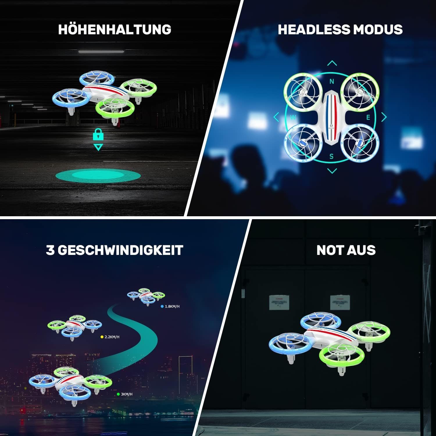 DEERC Mini Drohne mit Kamera für Kinder, RC FPV Quadrocopter mit Wifi Drohne (720P, mit 2 Akkus Lange FlugzeitBunte LED Lichter Kinderdrohnen für Anfänger)