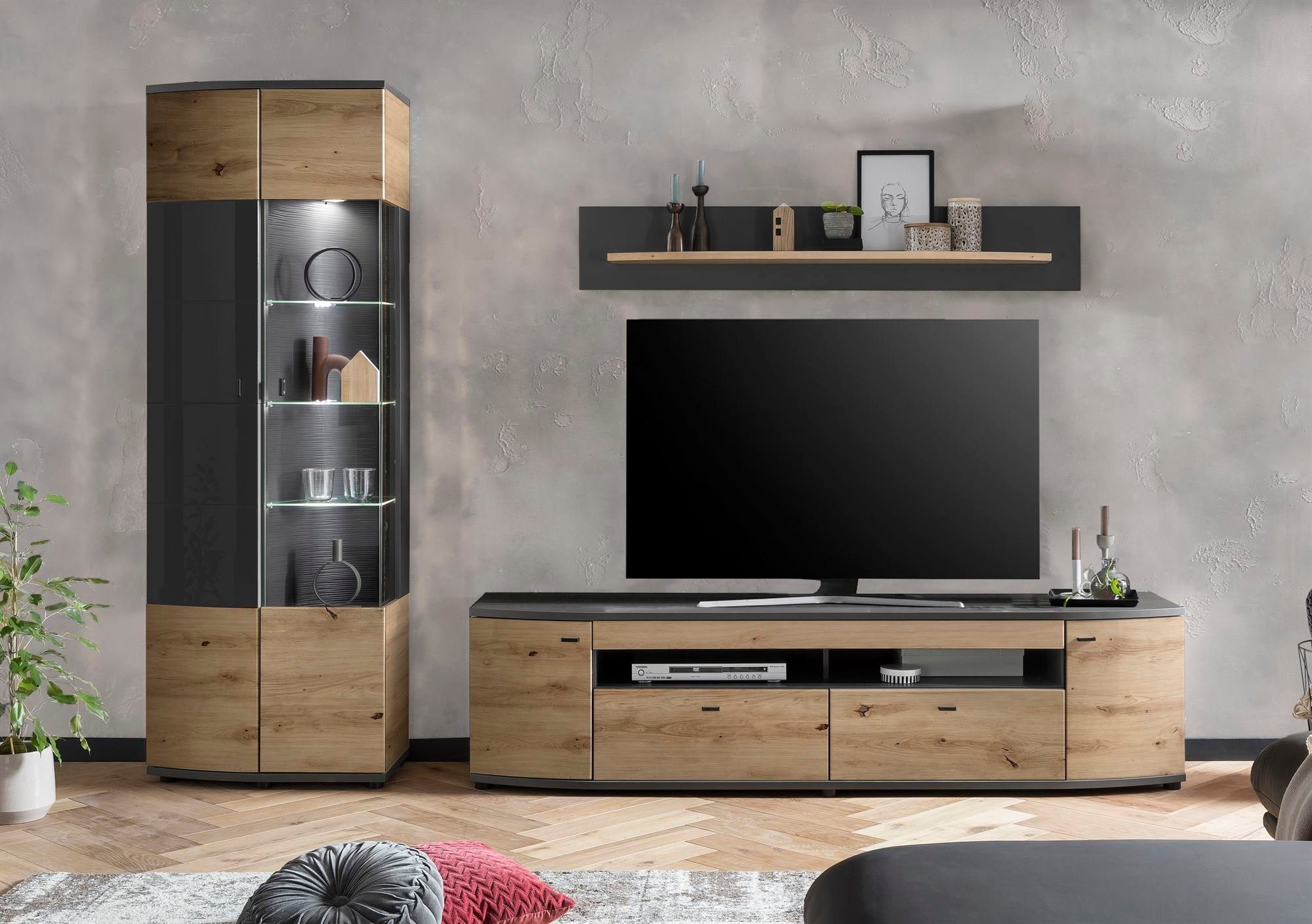 58 aufm Kessel Wohnwand Schrankwand Jacinthe 285x200x46 Eiche/Anthrazit/Grau Hochglanz 10183, (Komplettset, 3-St), Türen mit Selbsteinzug und Dämpfung