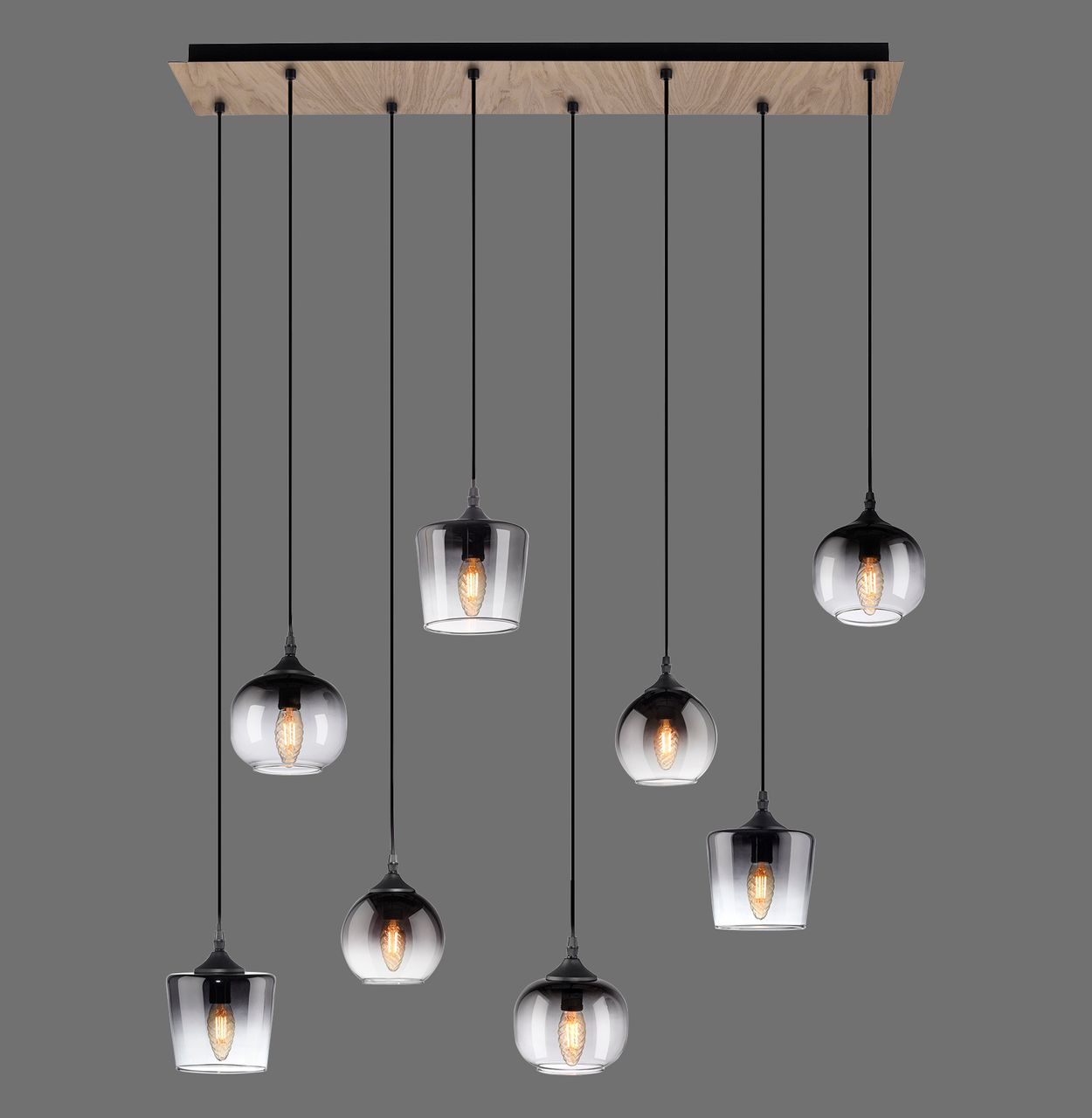 JUST LIGHT Pendelleuchte GREEN ZEA, 8x E14/25 Watt max., rauchfarbene Gläser, Holz-natur