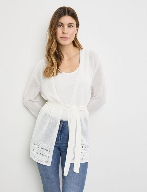 Offener Cardigan mit Häkel-Details und Bindegürtel