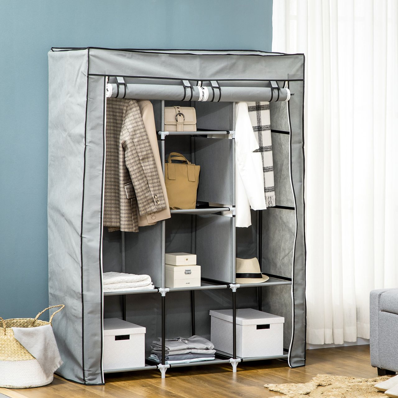 HOMCOM Stoffschrank, Faltschrank, Kleiderschrank mit Kleiderstangen, 8 Ebenen