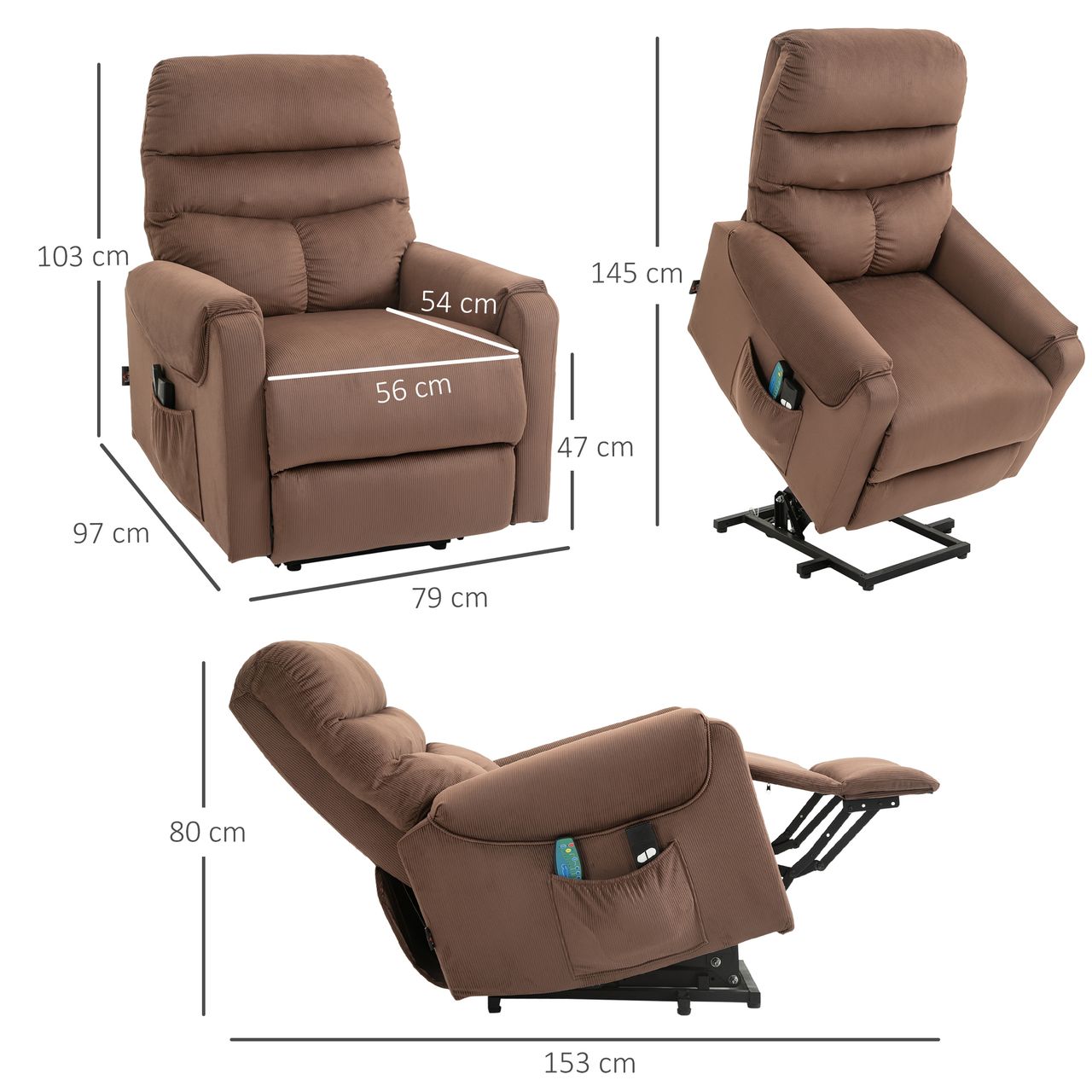 HOMCOM Fernsehsessel mit Massagefunktion Aufstehhilfe Fernbedienung Heizung elektrisch Liegefunktion Polyester-Gewebe Metall Hellbraun 79 x 97 x 103 cm