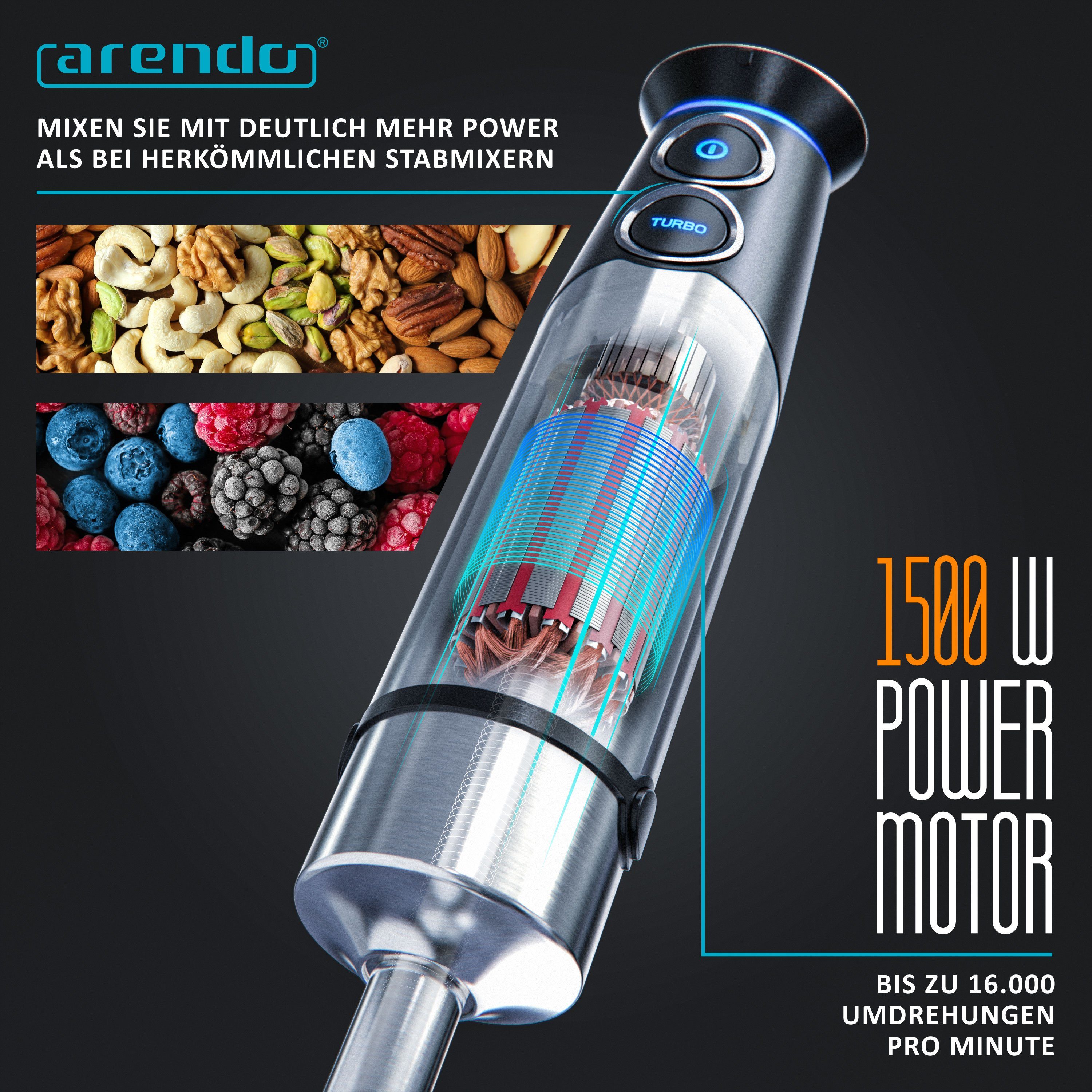 Arendo Stabmixer, 1500 W, Pürierstab Edelstahl Set, stufenlose Geschwindigkeit + Turbotaste