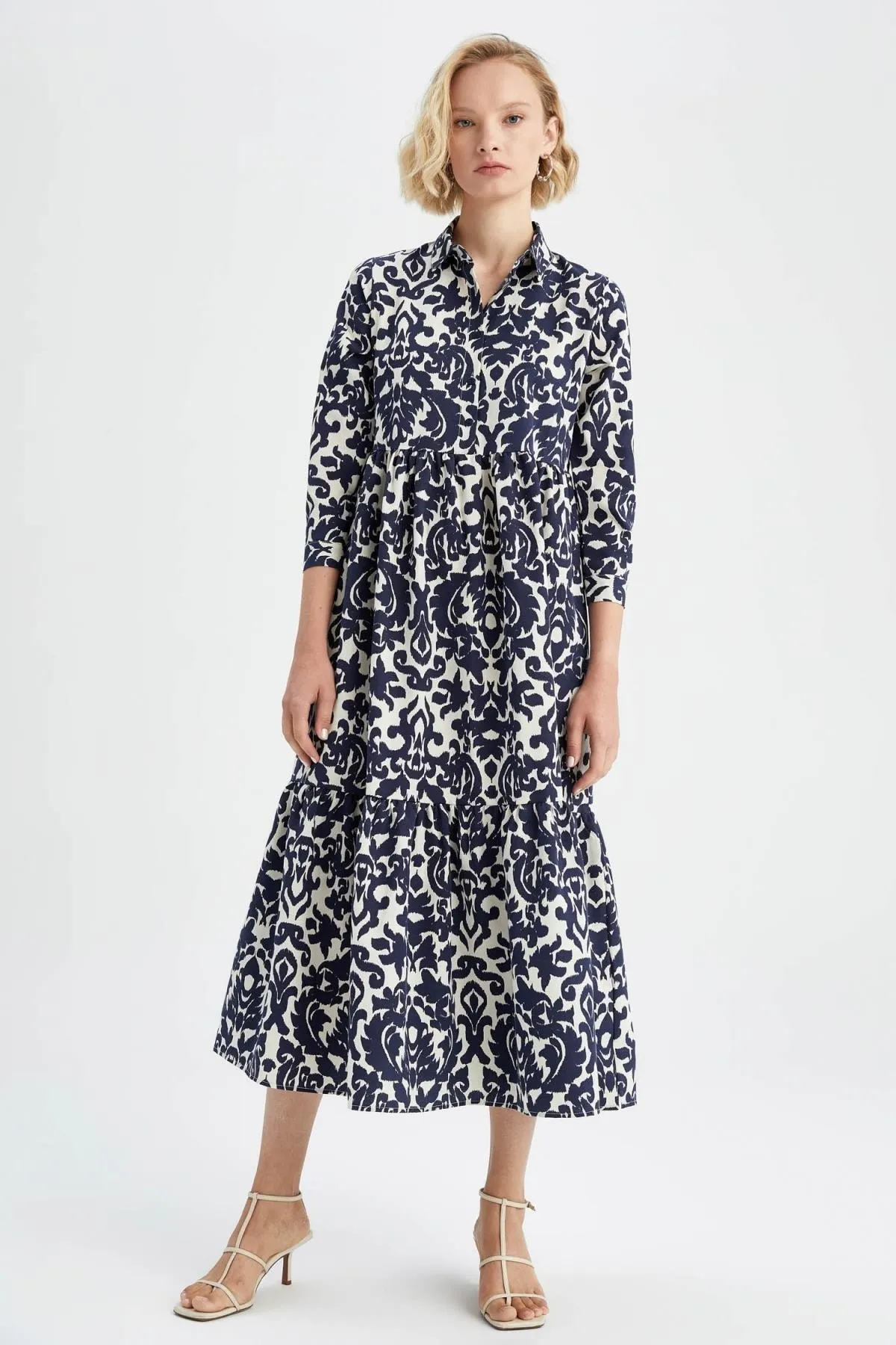 DeFacto  Maxi-Langarmkleid mit Hemdkragen und Retro-Muster