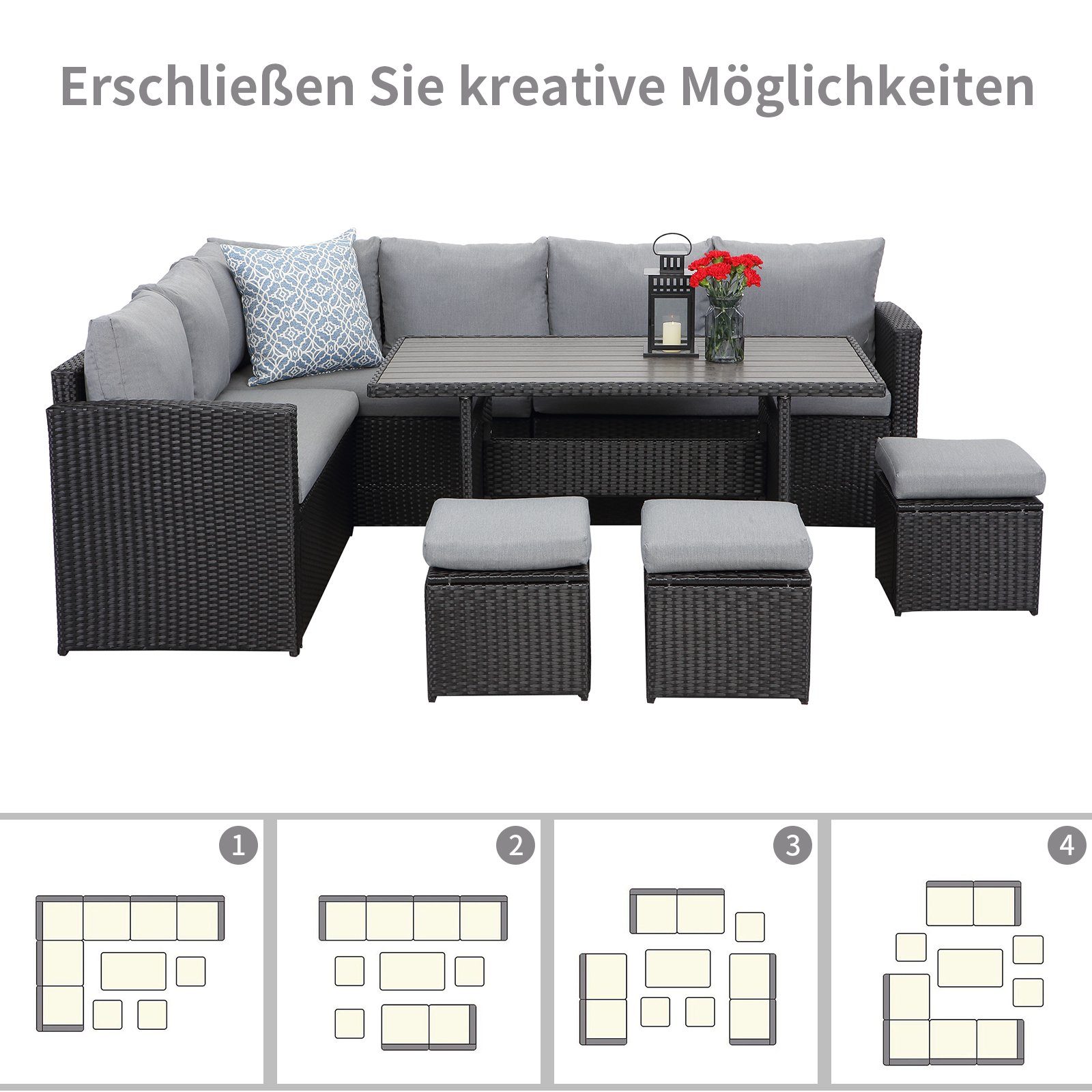 MeXo von GLP HOME Loungeset Gartenmöbel Set sale aus Polyrattan, Gartenloungeset, Sitzgruppe, (Gartengarnitur, Loungeset mit Kissen, 2-Sitzer, Ecksofa, Esstisch, 3 Hocker), Sitzgarnitur Terassenmöbel wetterfest für 6-10 Personen