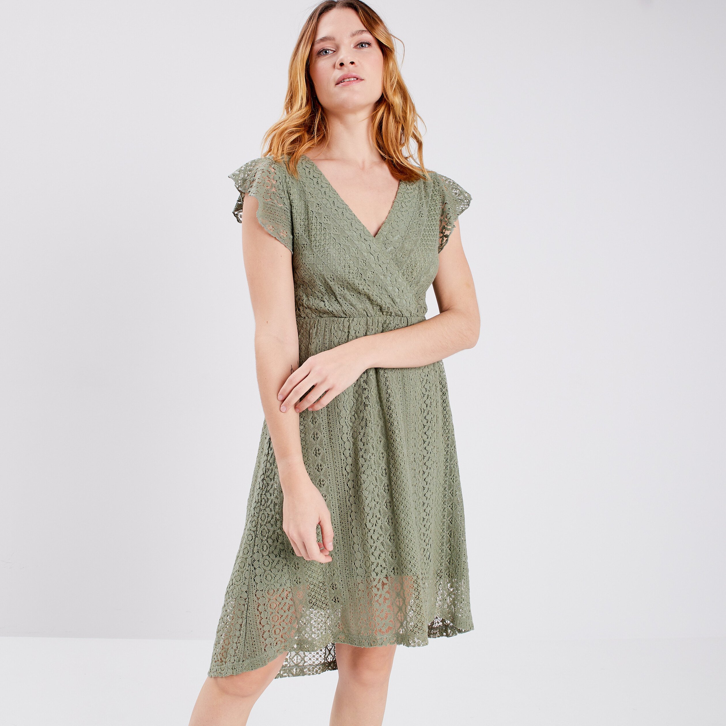 Robe évasée en dentelle vert kaki femme | La Halle