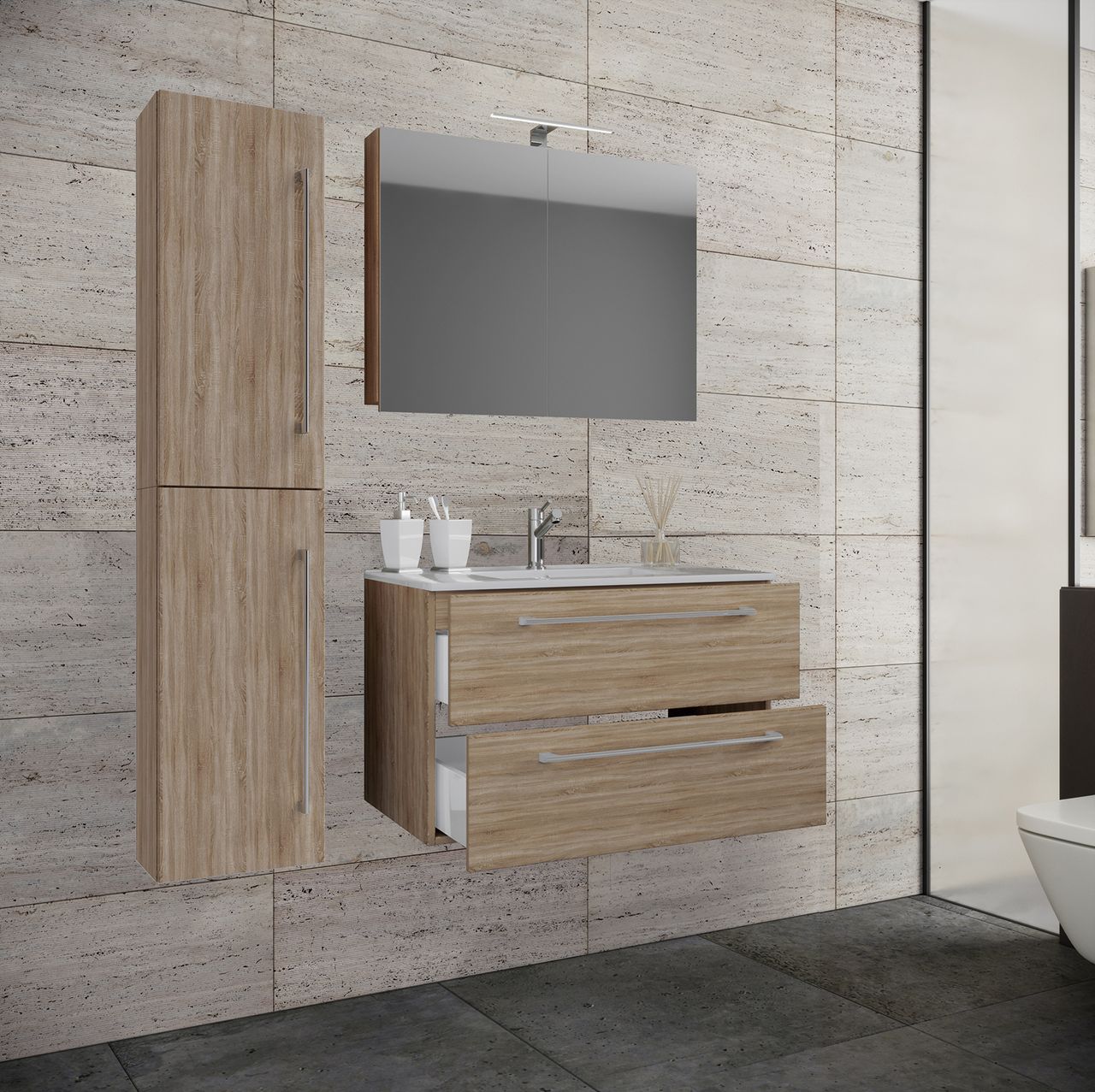 VCM Waschplatz Badinos 60 cm Spiegelschrank & Hochschrank 4-tlg. Sonoma-Eiche